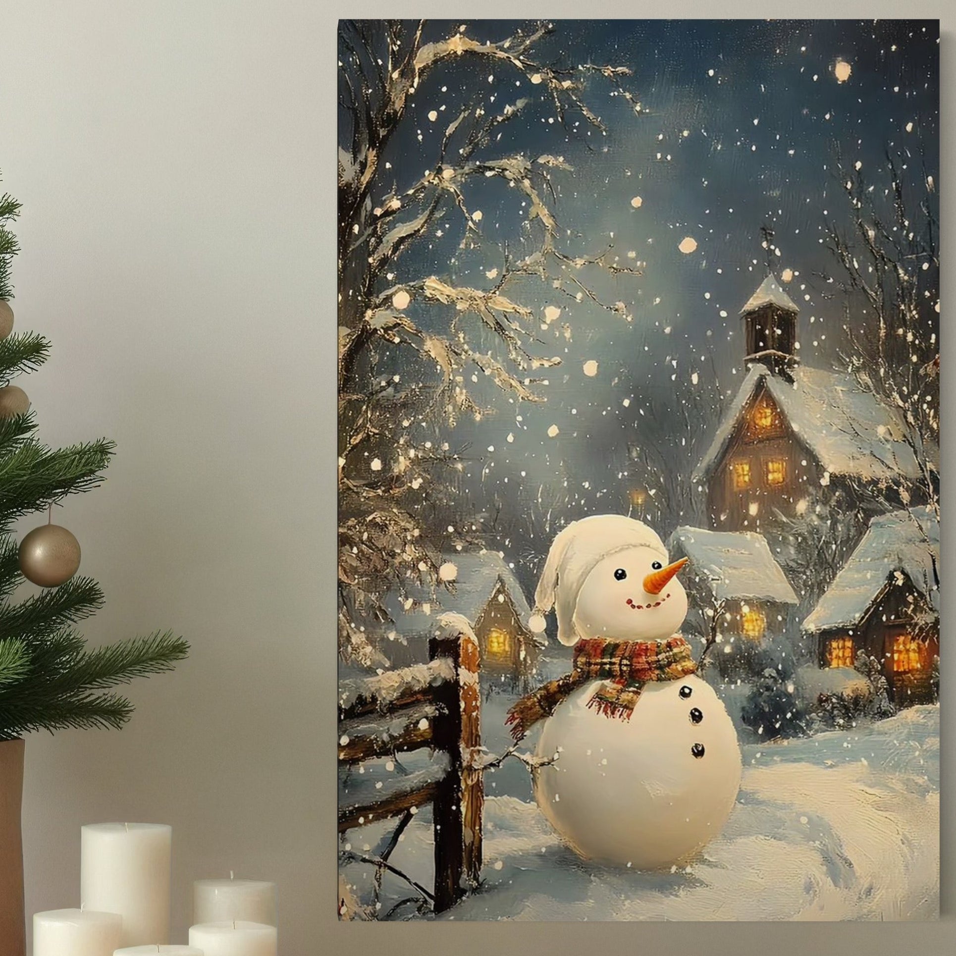 Tablou Canvas Premium, LuxCanva® D1128, Oaspetele Alb al Serii, Om, Zapada, Vesel, Magie, Sat, Inzapezit, Casa, Luminata, Frig, Hibernal, Copilarie, Fulgi, Nea, Omat, Living, Dormitor