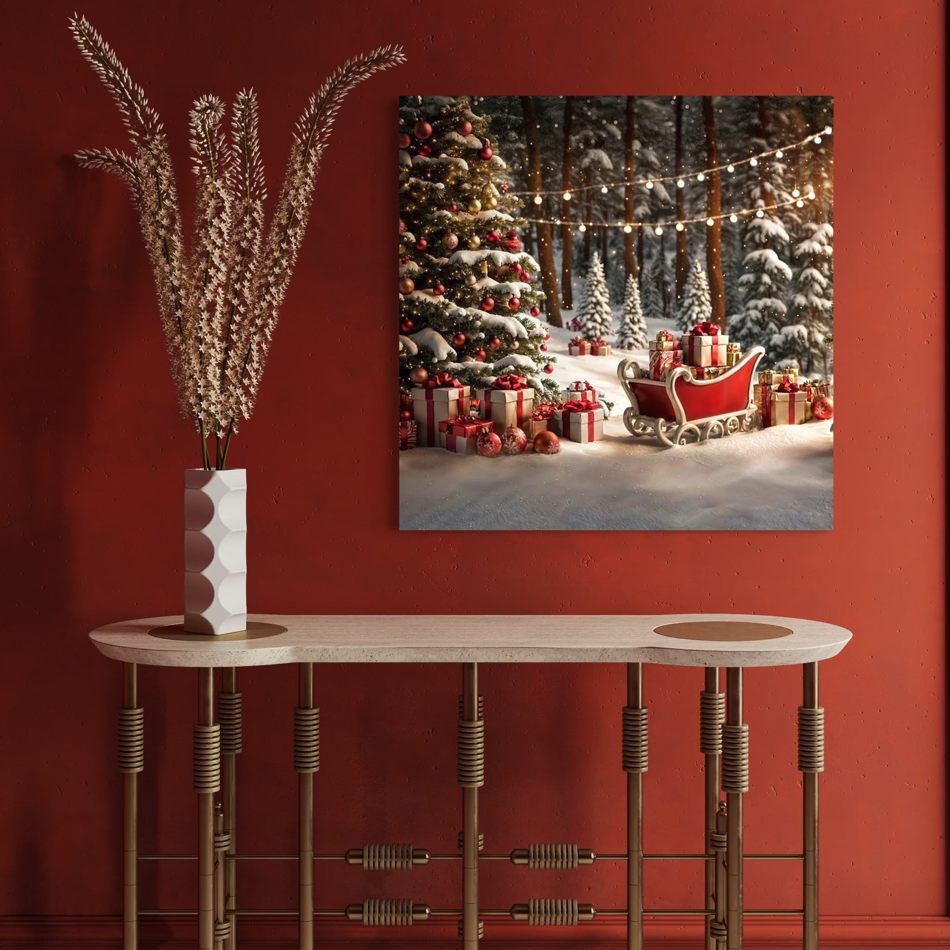 Tablou Canvas Premium, LuxCanva® D1130, Sania Fermecata a Craciunului, Sanie, Desaga, Cadouri, Noapte, Ajun, Reni, Zbor, Casuta, Padure, Poveste, Iarna, Living, Dormitor