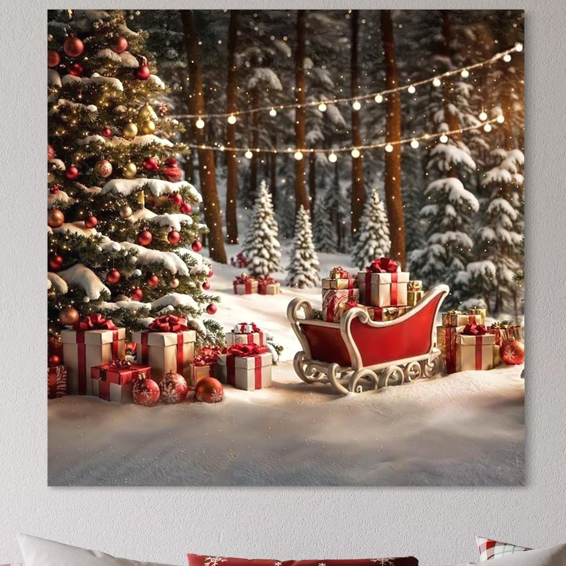 Tablou Canvas Premium, LuxCanva® D1130, Sania Fermecata a Craciunului, Sanie, Desaga, Cadouri, Noapte, Ajun, Reni, Zbor, Casuta, Padure, Poveste, Iarna, Living, Dormitor