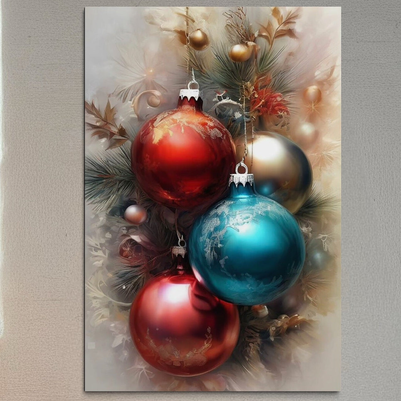 Tablou Canvas Premium, LuxCanva® D1131, Trilogia Sarbatorilor, Globuri, Colorat, Brad, Magie, Festiva, Albastru, Rosu, Auriu, Stralucire, Craciun, Vraja, Eleganta, Living, Dormitor