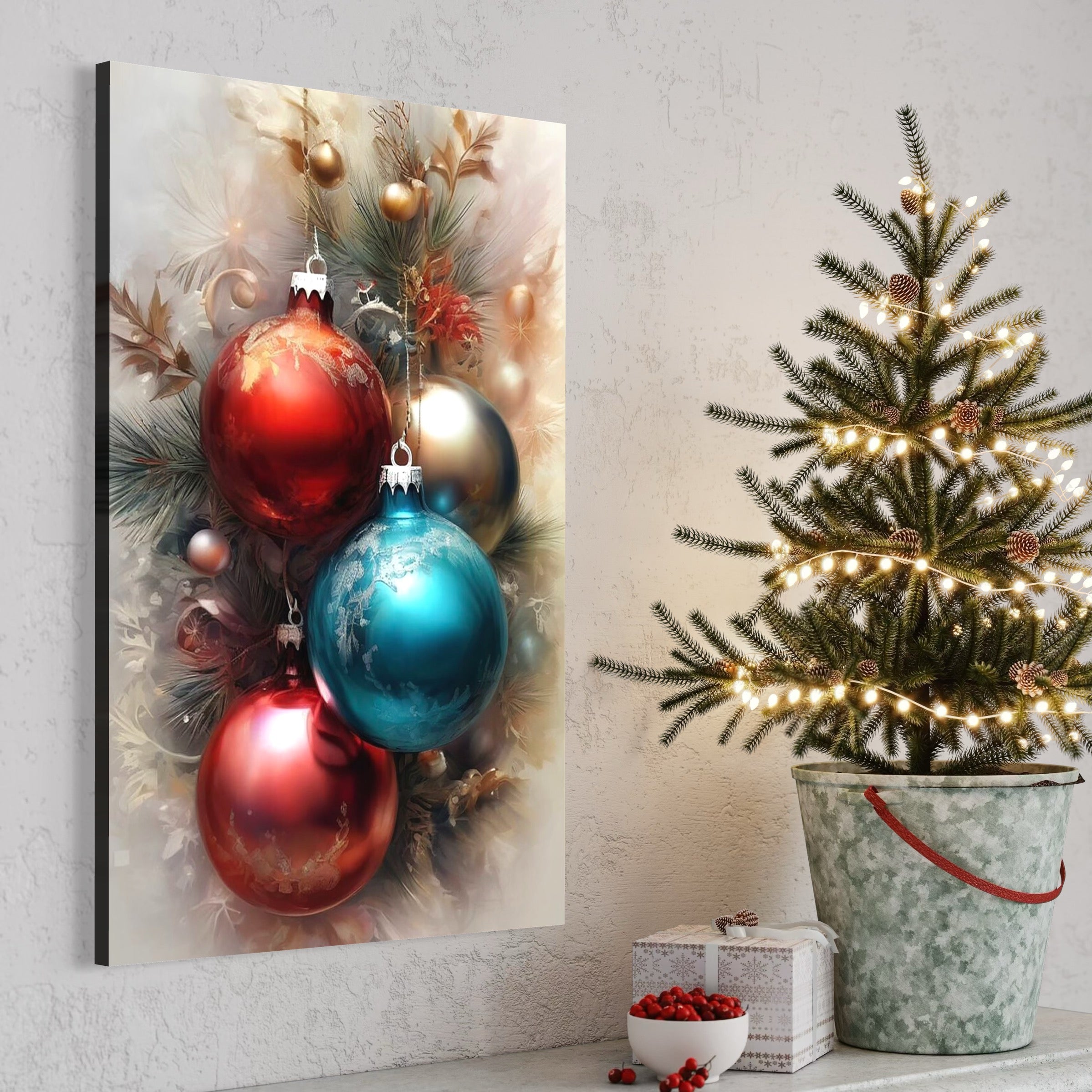 Tablou Canvas Premium, LuxCanva® D1131, Trilogia Sarbatorilor, Globuri, Colorat, Brad, Magie, Festiva, Albastru, Rosu, Auriu, Stralucire, Craciun, Vraja, Eleganta, Living, Dormitor