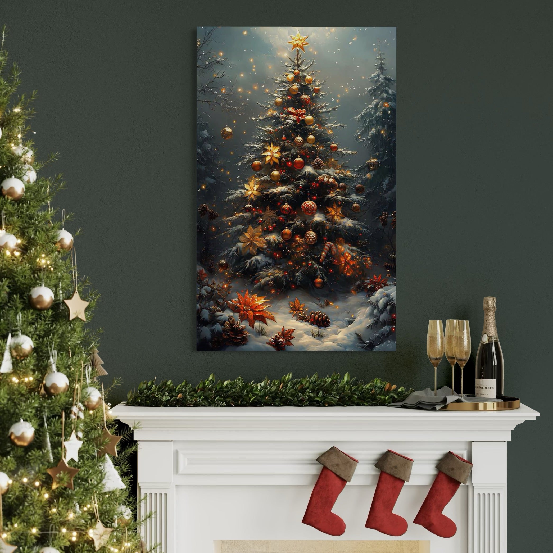 Tablou Canvas Premium, LuxCanva® D1132, Bradul Fermecat, Brad, Craciun, Luminite, Auriu, Decorat, Impodobit, Padure, Seara, Iarna, Festiv, Ninsoare, Living, Dormitor