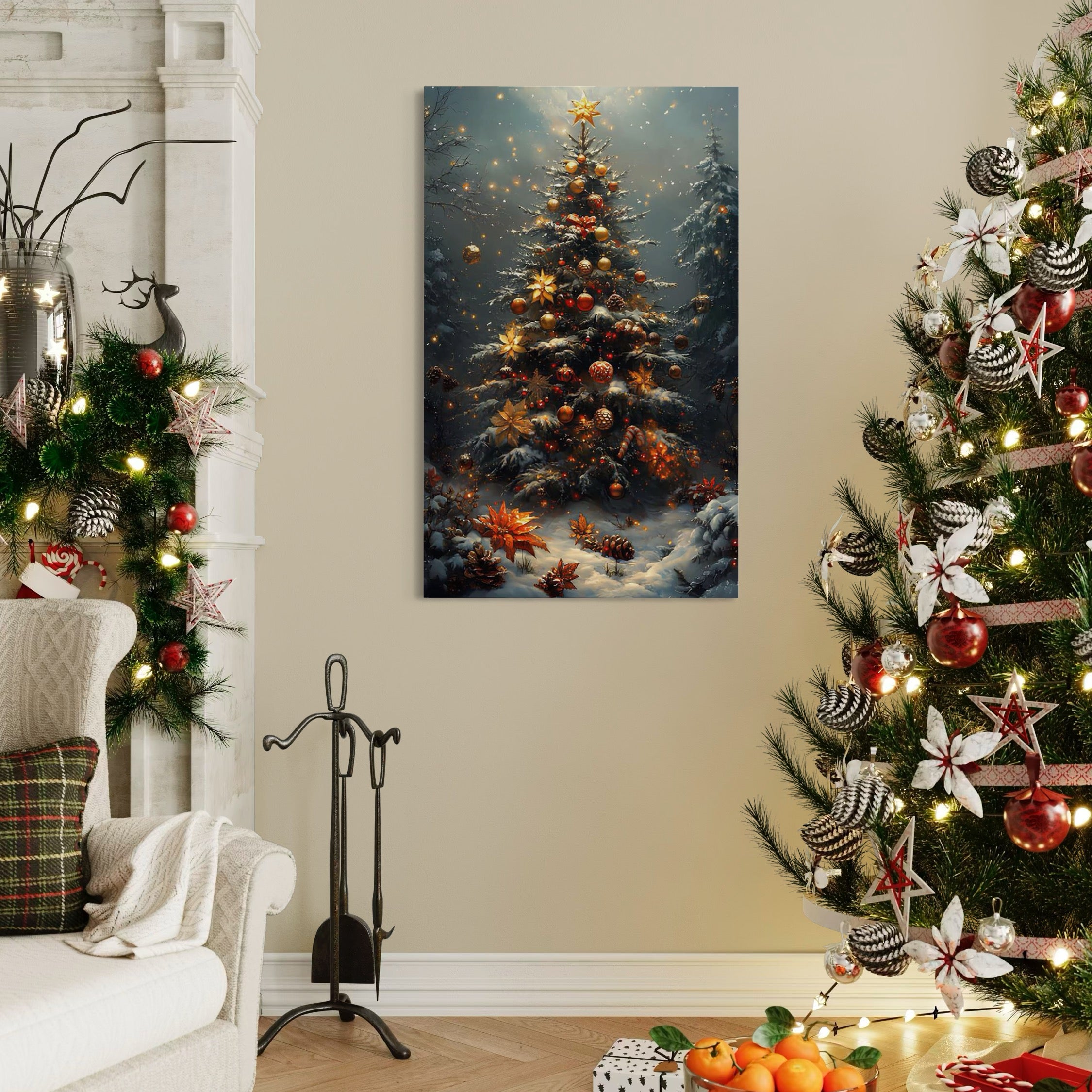 Tablou Canvas Premium, LuxCanva® D1132, Bradul Fermecat, Brad, Craciun, Luminite, Auriu, Decorat, Impodobit, Padure, Seara, Iarna, Festiv, Ninsoare, Living, Dormitor