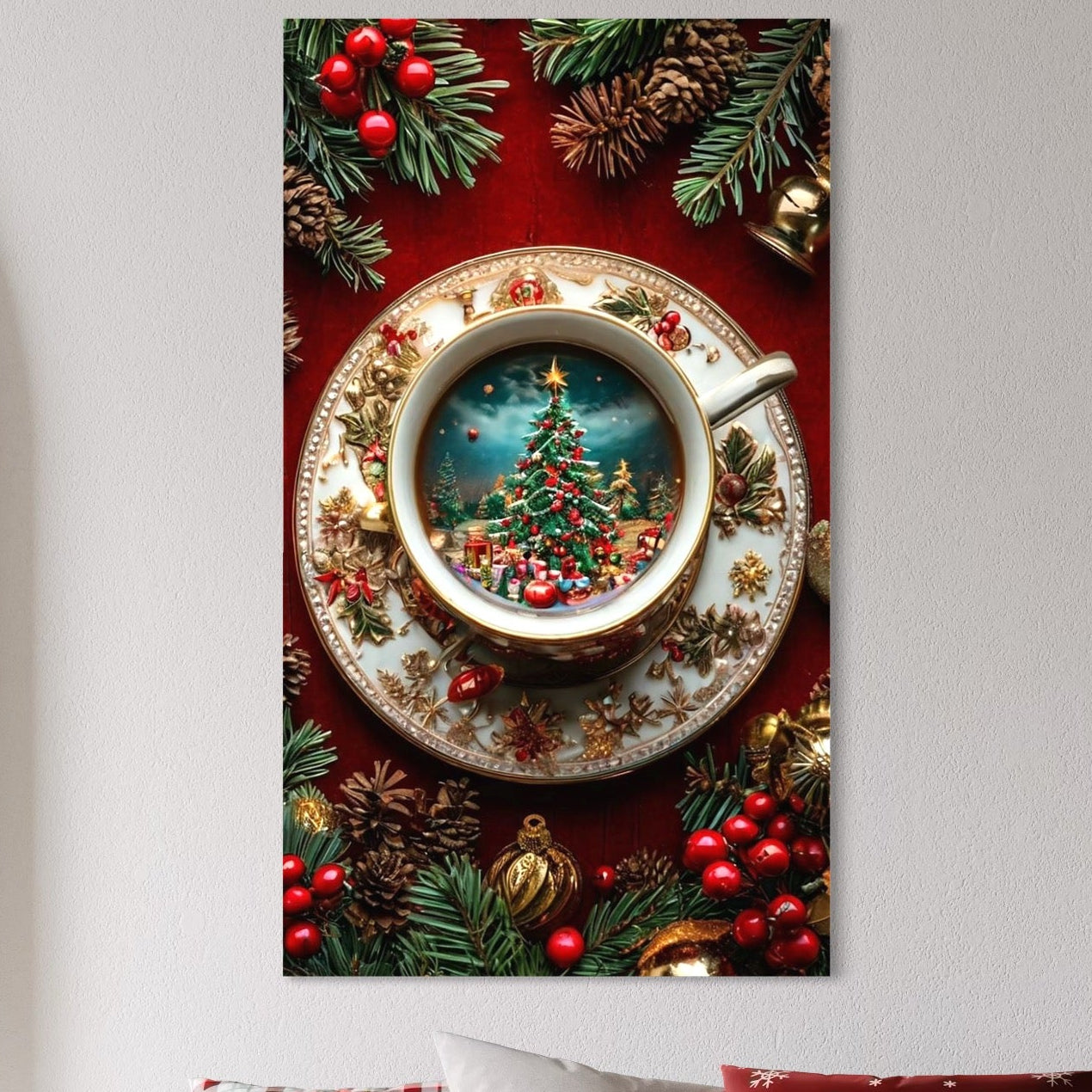 Tablou Canvas Premium, LuxCanva® D1134, Magie in ceasca, Miniatura, Boabe, Cafea, Ceasca, Farfurie, Ornament, Conuri, Brad, Crengute, Atmosfera, Calda, Craciun, Living, Dormitor