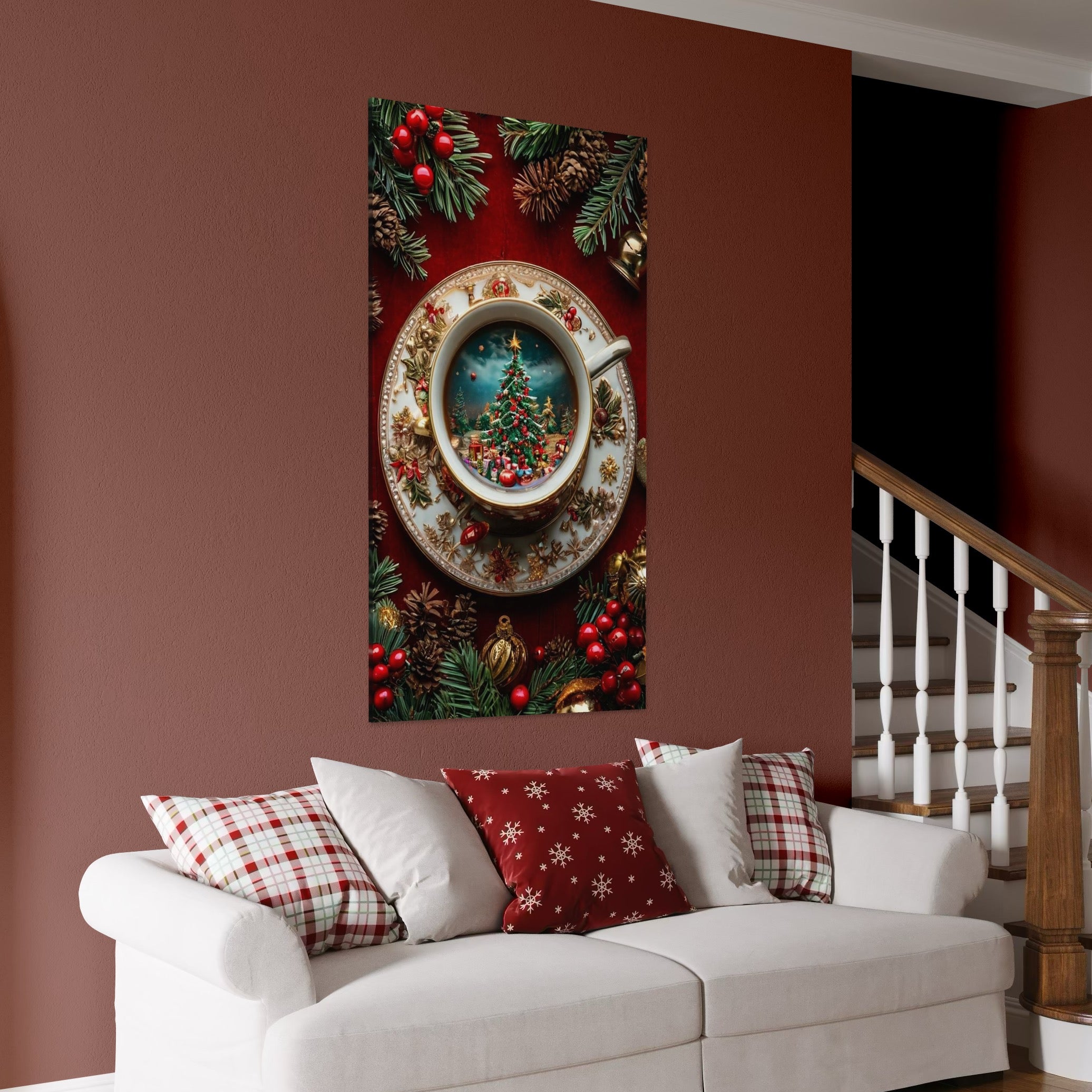 Tablou Canvas Premium, LuxCanva® D1134, Magie in ceasca, Miniatura, Boabe, Cafea, Ceasca, Farfurie, Ornament, Conuri, Brad, Crengute, Atmosfera, Calda, Craciun, Living, Dormitor