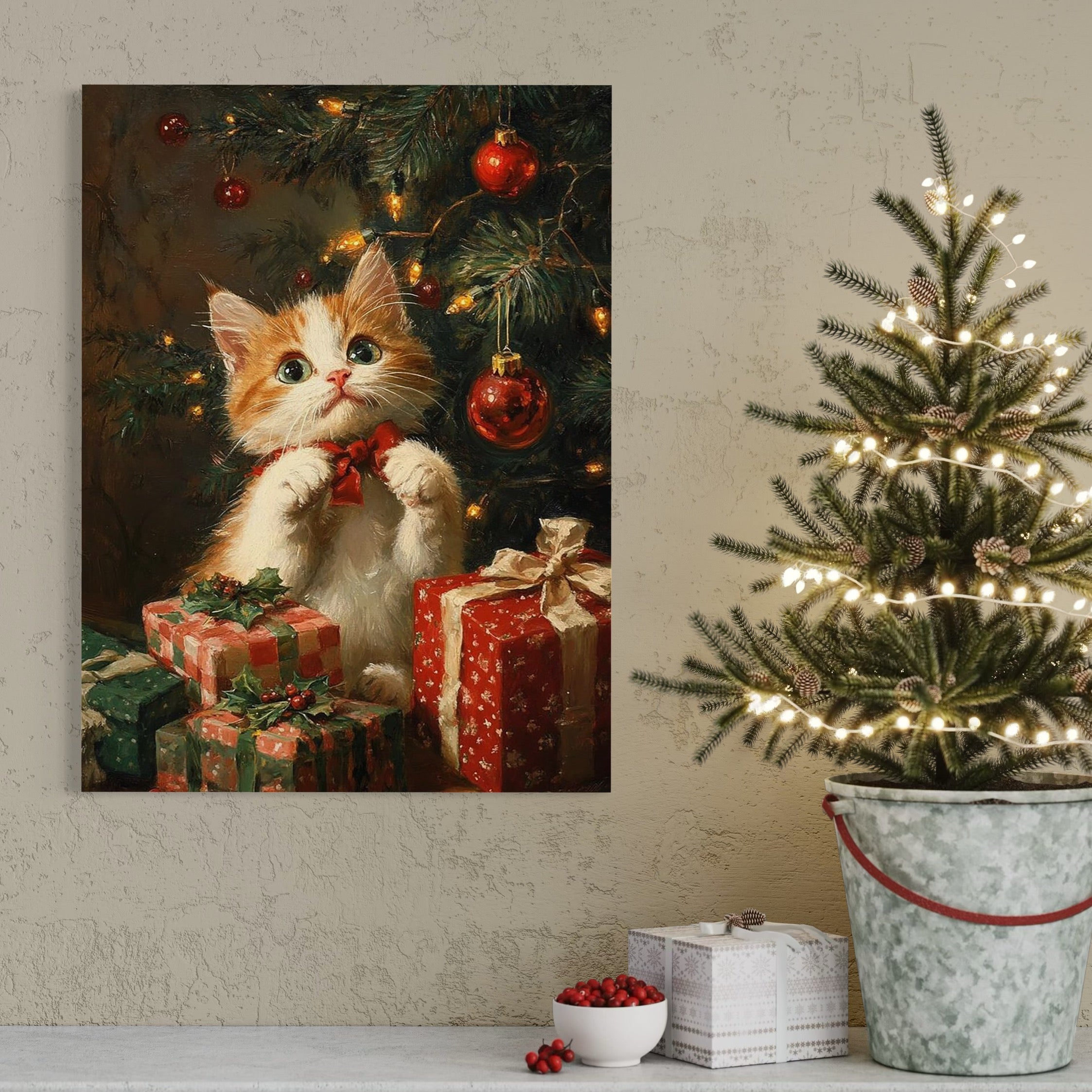 Tablou Canvas Premium, LuxCanva® D1135, Craciunul Unui Ghem de Blana, Pisicuta, Funda, Rosie, Blanita, Labute, Mustati, Brad, Cadou, Pufos, Inocenta, Dar, Living, Dormitor