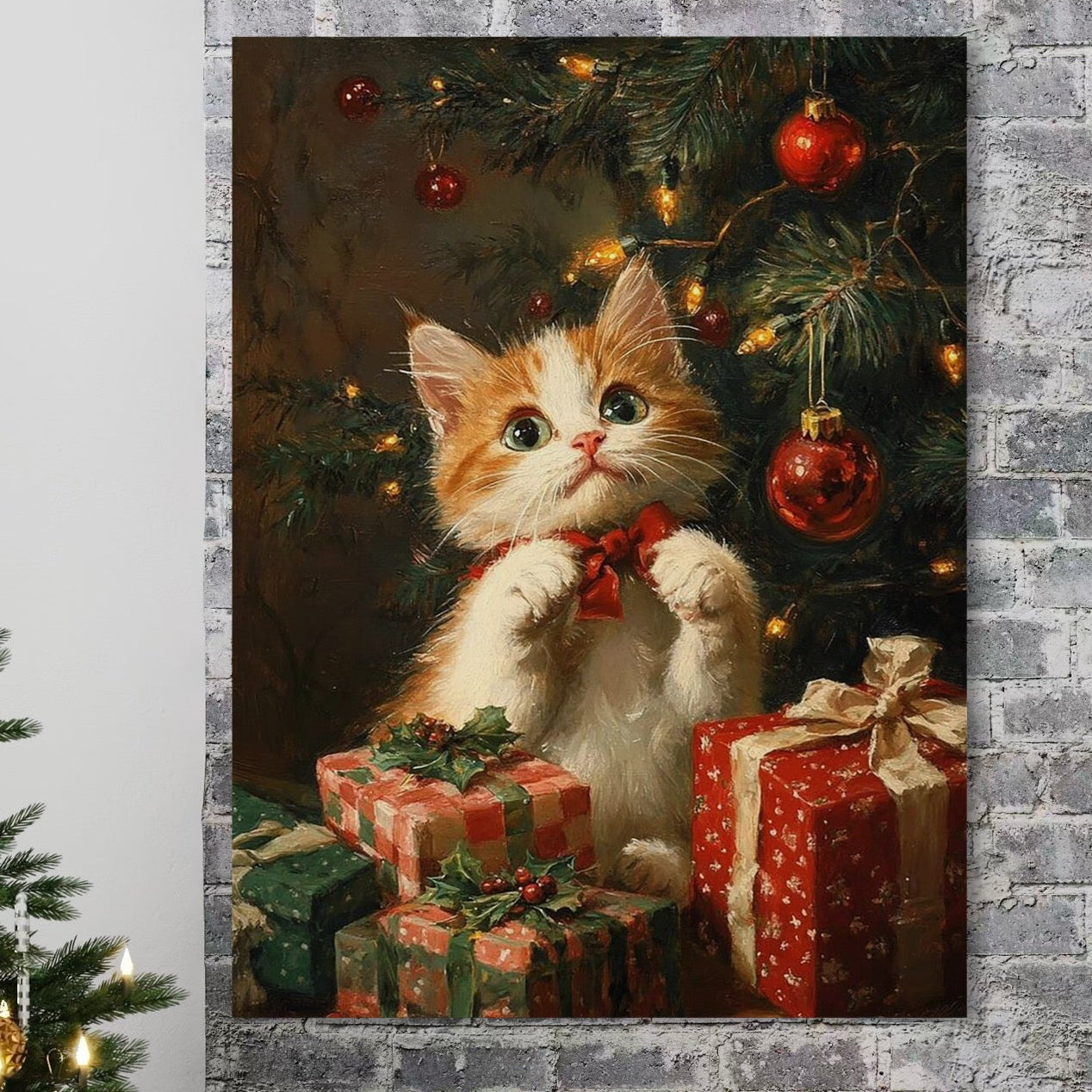 Tablou Canvas Premium, LuxCanva® D1135, Craciunul Unui Ghem de Blana, Pisicuta, Funda, Rosie, Blanita, Labute, Mustati, Brad, Cadou, Pufos, Inocenta, Dar, Living, Dormitor