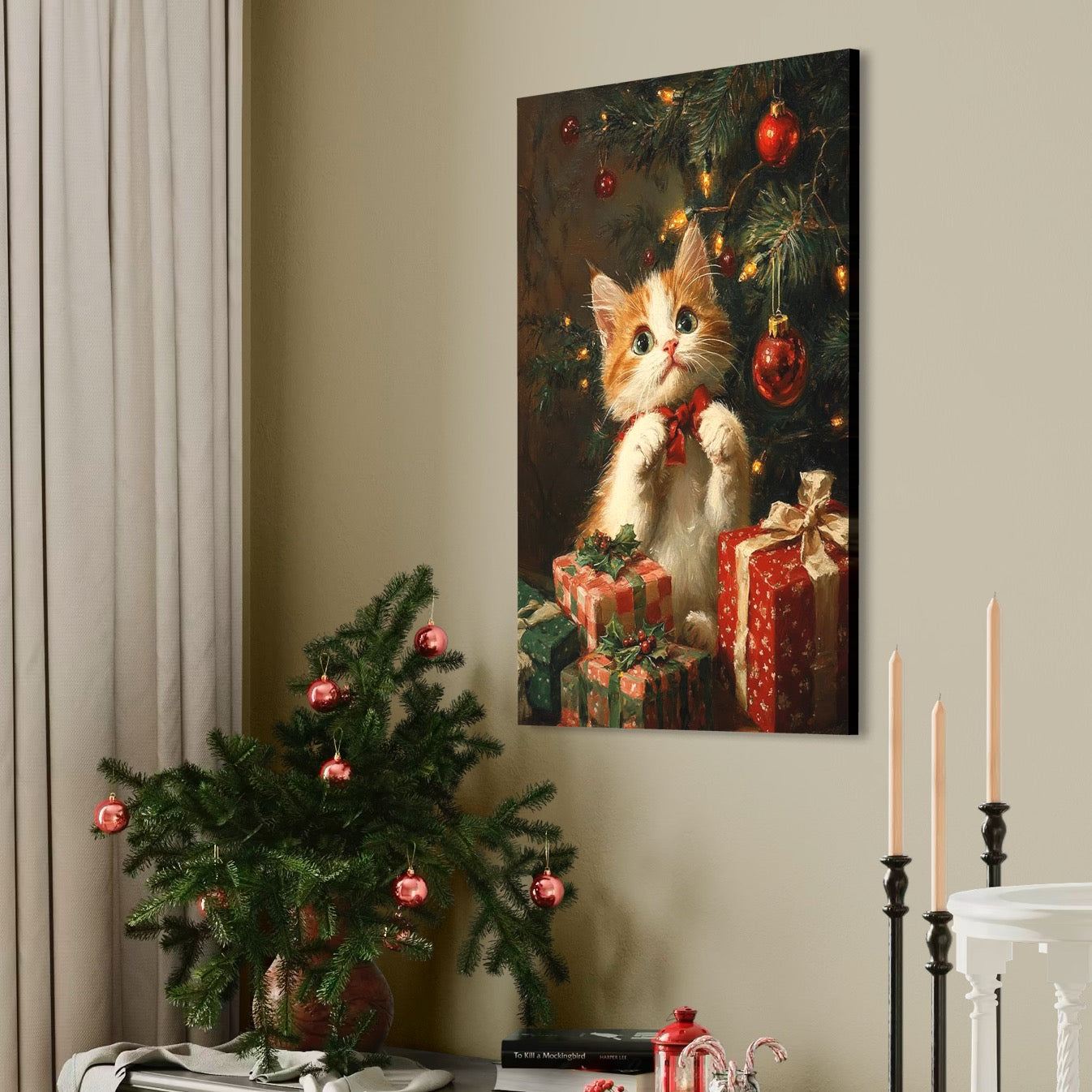 Tablou Canvas Premium, LuxCanva® D1135, Craciunul Unui Ghem de Blana, Pisicuta, Funda, Rosie, Blanita, Labute, Mustati, Brad, Cadou, Pufos, Inocenta, Dar, Living, Dormitor