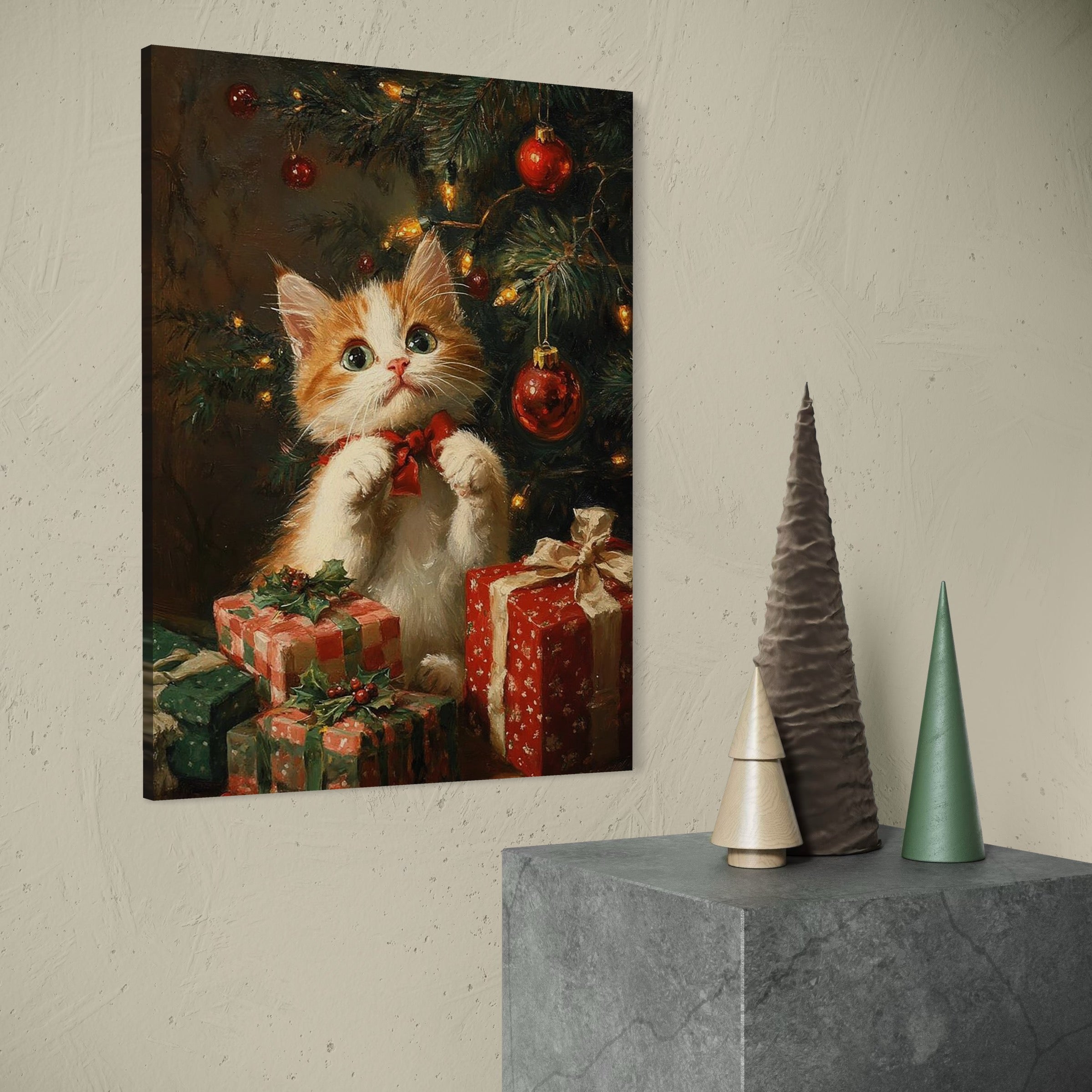 Tablou Canvas Premium, LuxCanva® D1135, Craciunul Unui Ghem de Blana, Pisicuta, Funda, Rosie, Blanita, Labute, Mustati, Brad, Cadou, Pufos, Inocenta, Dar, Living, Dormitor