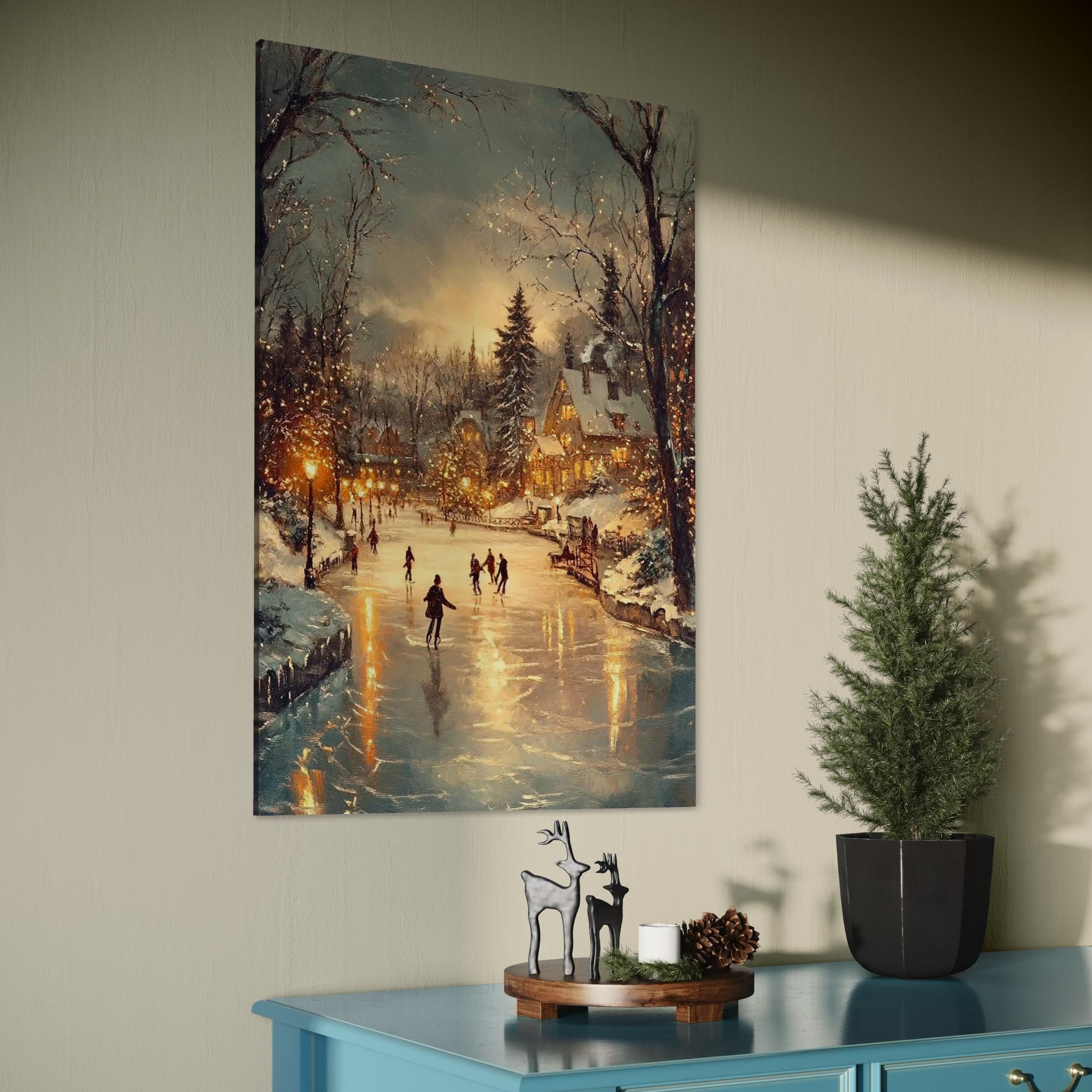 Tablou Canvas Premium, LuxCanva® D1137, Dans pe Gheata Aurie, Iarna, Sarbatori, Patinoar, Gheata, Patinatori, Frig, Sport, Distractie, Prietenie, Vintage, Peisaj, Romantism, Living, Dormitor