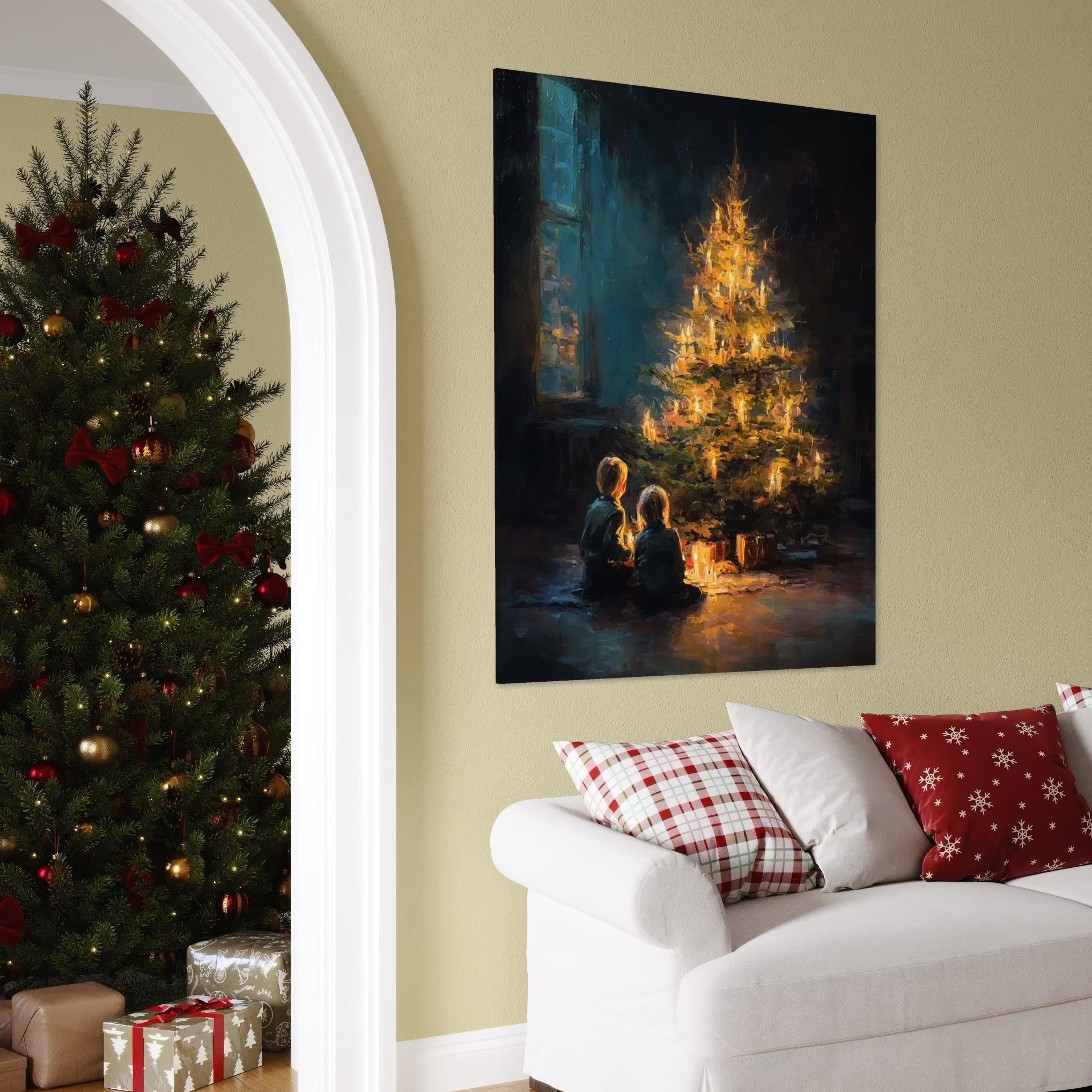 Tablou Canvas Premium, LuxCanva® D1138, Seara In Care Dorintele Se Aprind, Iarna, Sarbatori, Copii, Frate, Sora, Emotie, Asteptare, Mos Craciun, Ajun, Brad, Nostalgie, Living, Dormitor