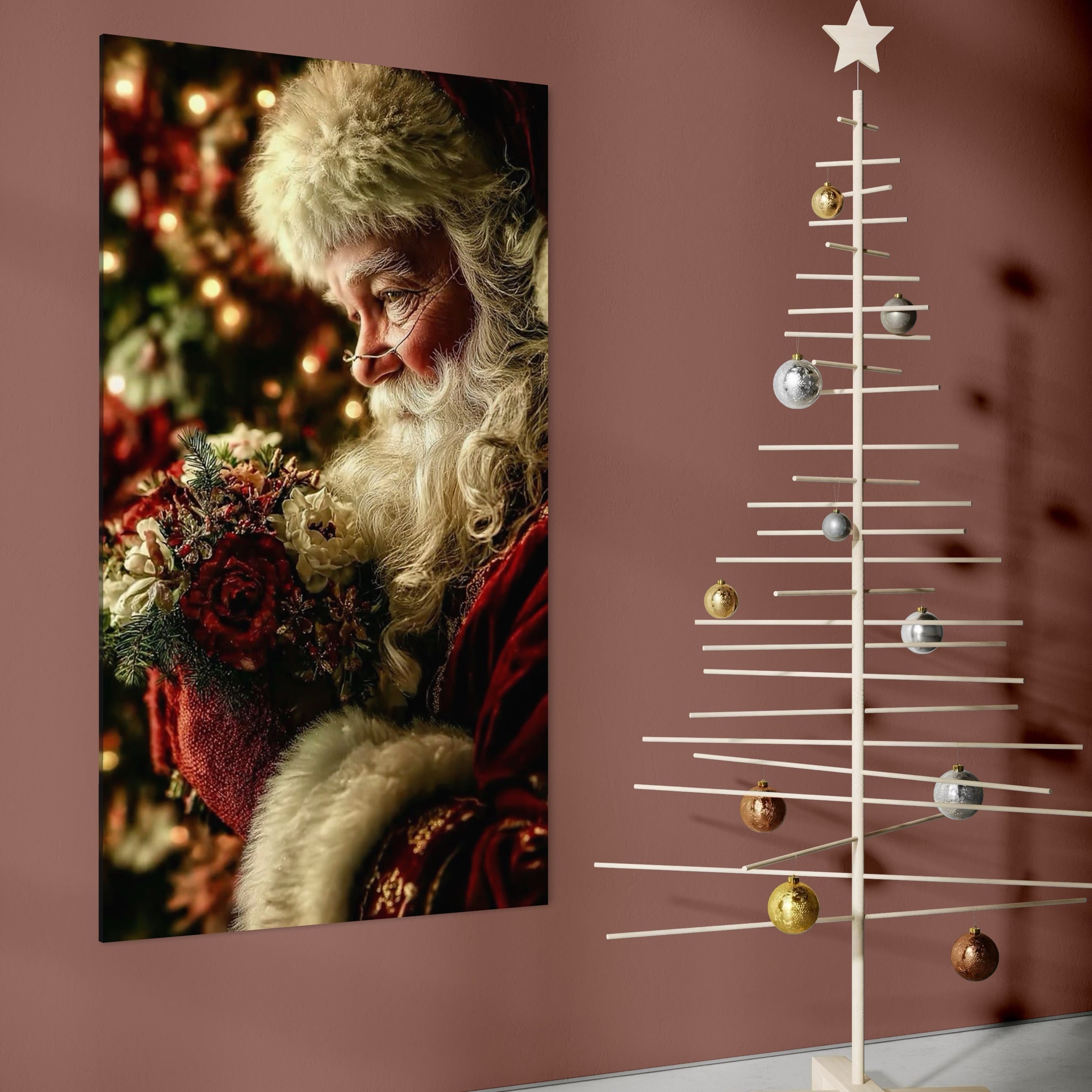 Tablou Canvas Premium, LuxCanva® D1139, Moment de Liniste cu Mos Craciun, Iarna, Ajun, Craciun, Mos, Rosu, Flori, Generozitate, Traditie, Blana, Alb, Barba, Trandafiri, Living, Dormitor