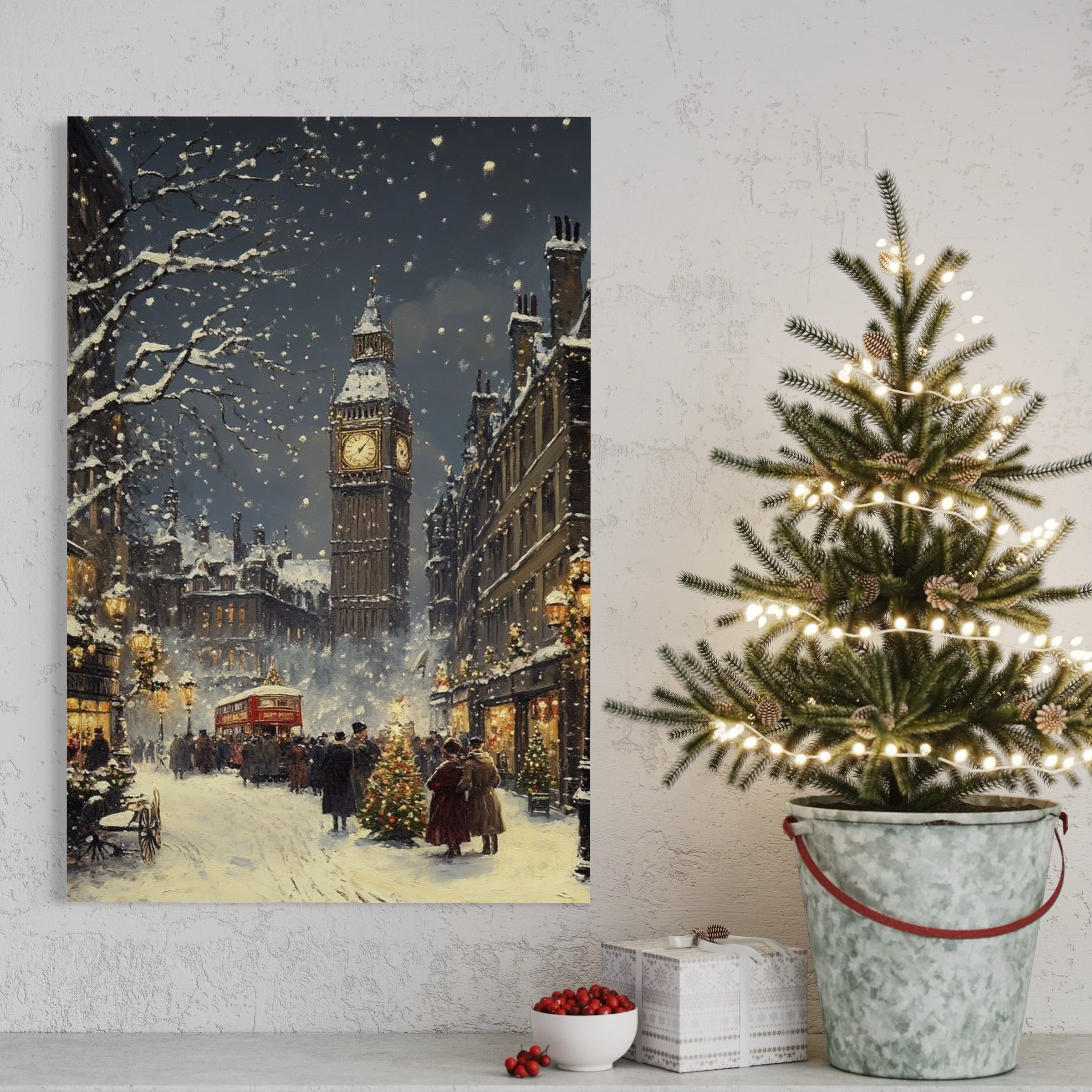 Tablou Canvas Premium, LuxCanva® D1141, Iarna in Piata cu Ceas, Centru, Istoric, Iarna, Noapte, Festiv, Turn, Ceas, Plimbare, Brad, Impodobit, Piata, Ninsoare, Zapada, Living, Dormitor