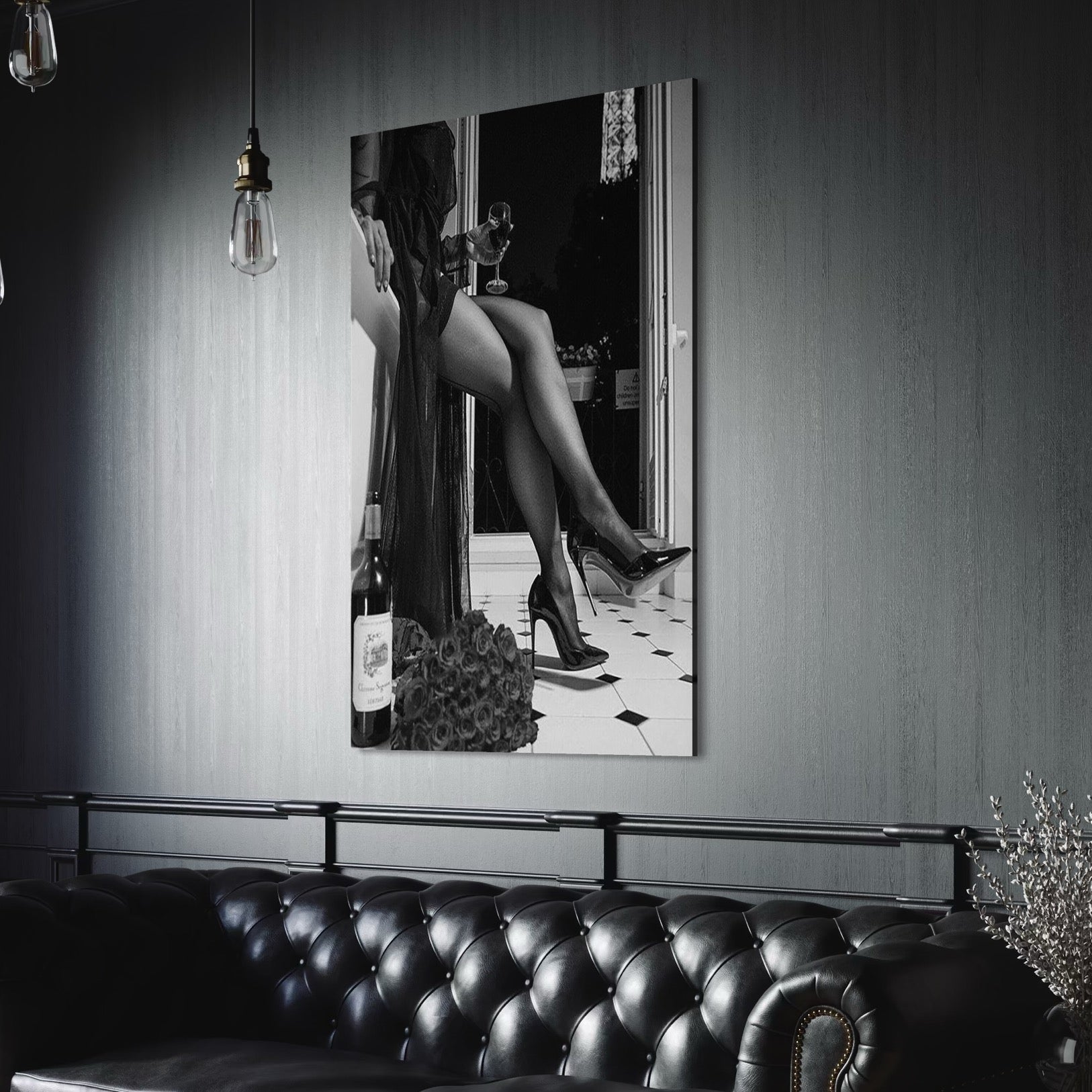 Tablou Canvas Premium, LuxCanva® P1002, Moment la Miezul Noptii, Alb, Negru, Pantofi, Toc, Dresuri, Paris, Vin, Rosu, Hotel, Dantela, Silueta, Trandafiri, Senzualitate, Living, Dormitor