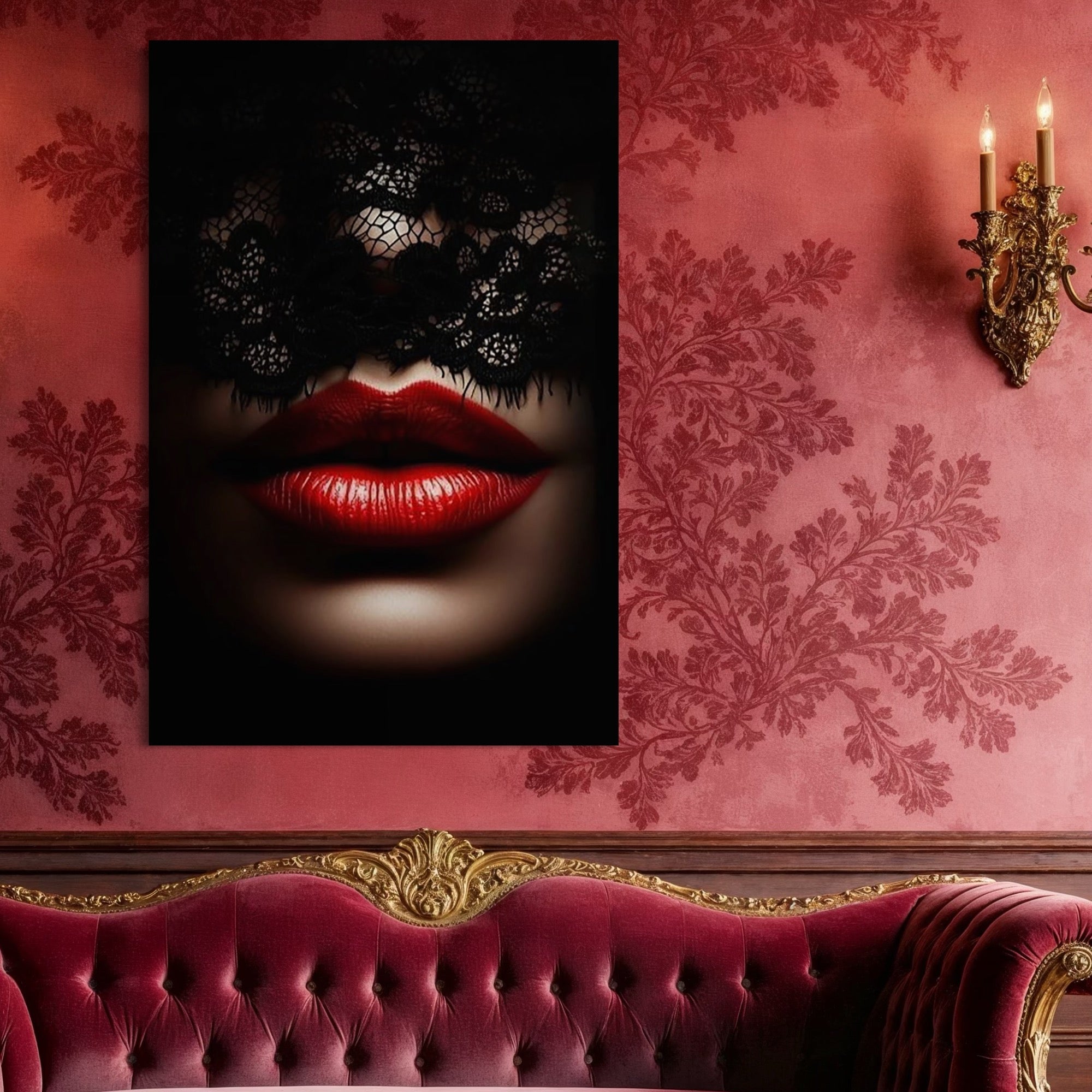 Tablou Canvas Premium, LuxCanva® P1006, Rosu sub Dantela, Dantela, Negru, Seductie, Ruj, Rosu, Masca, Erotism, Eleganta, Fashion, Dramatic, Sarut, Mister, Tacere, Living, Dormitor