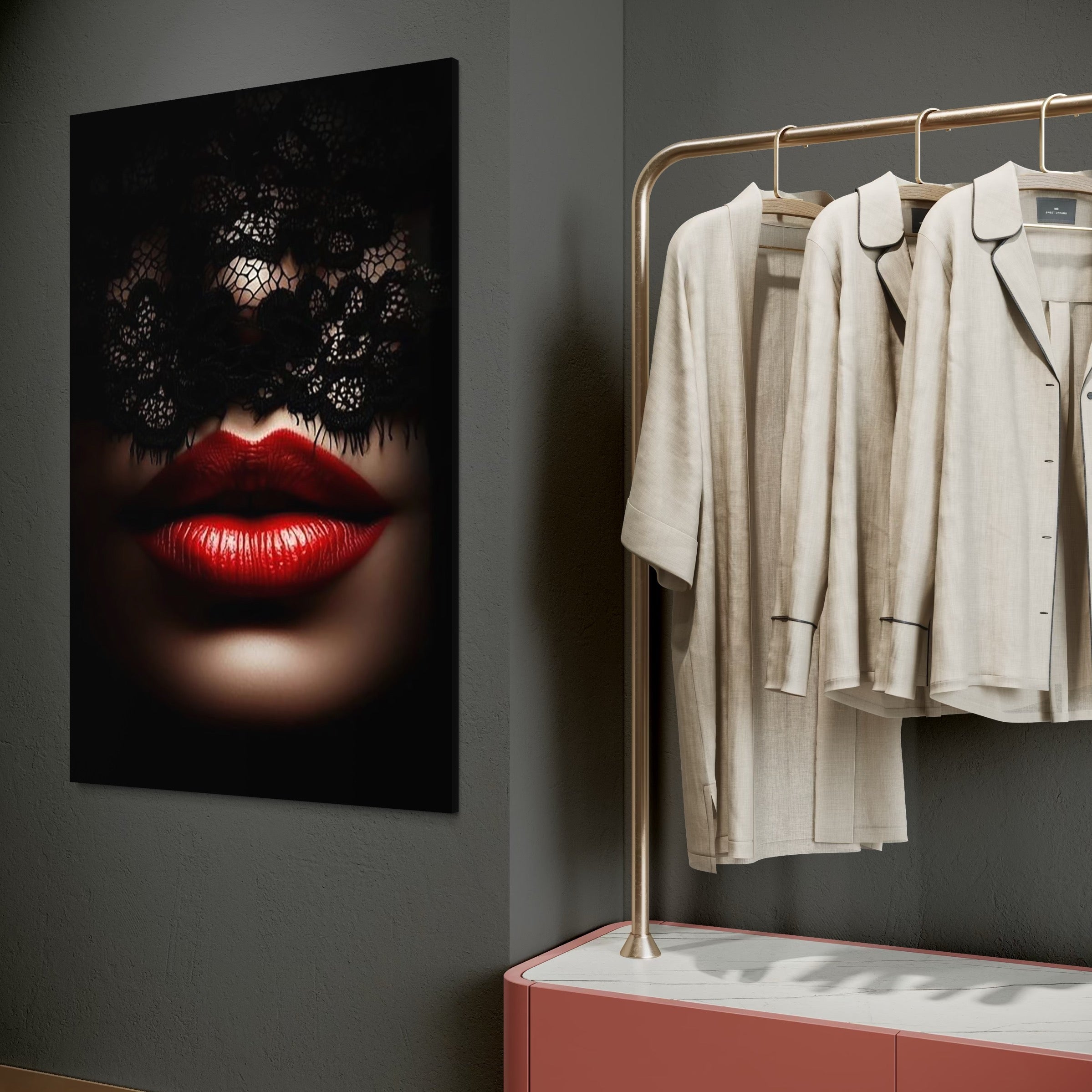 Tablou Canvas Premium, LuxCanva® P1006, Rosu sub Dantela, Dantela, Negru, Seductie, Ruj, Rosu, Masca, Erotism, Eleganta, Fashion, Dramatic, Sarut, Mister, Tacere, Living, Dormitor