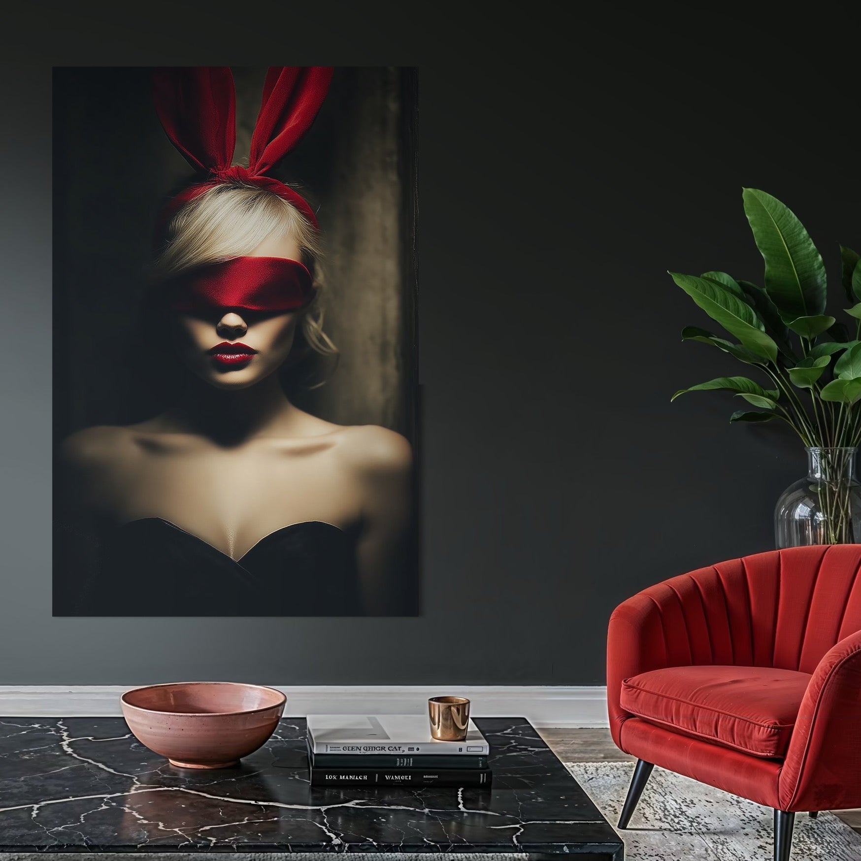 Tablou Canvas Premium, LuxCanva® P1007, Femininul Interzis, Panglica, Rosu, Playboy, Iepuras, Masca, Urechi, Catifea, Obscur, Intuneric, Dorinta, Seductie, Sexy, Living, Dormitor