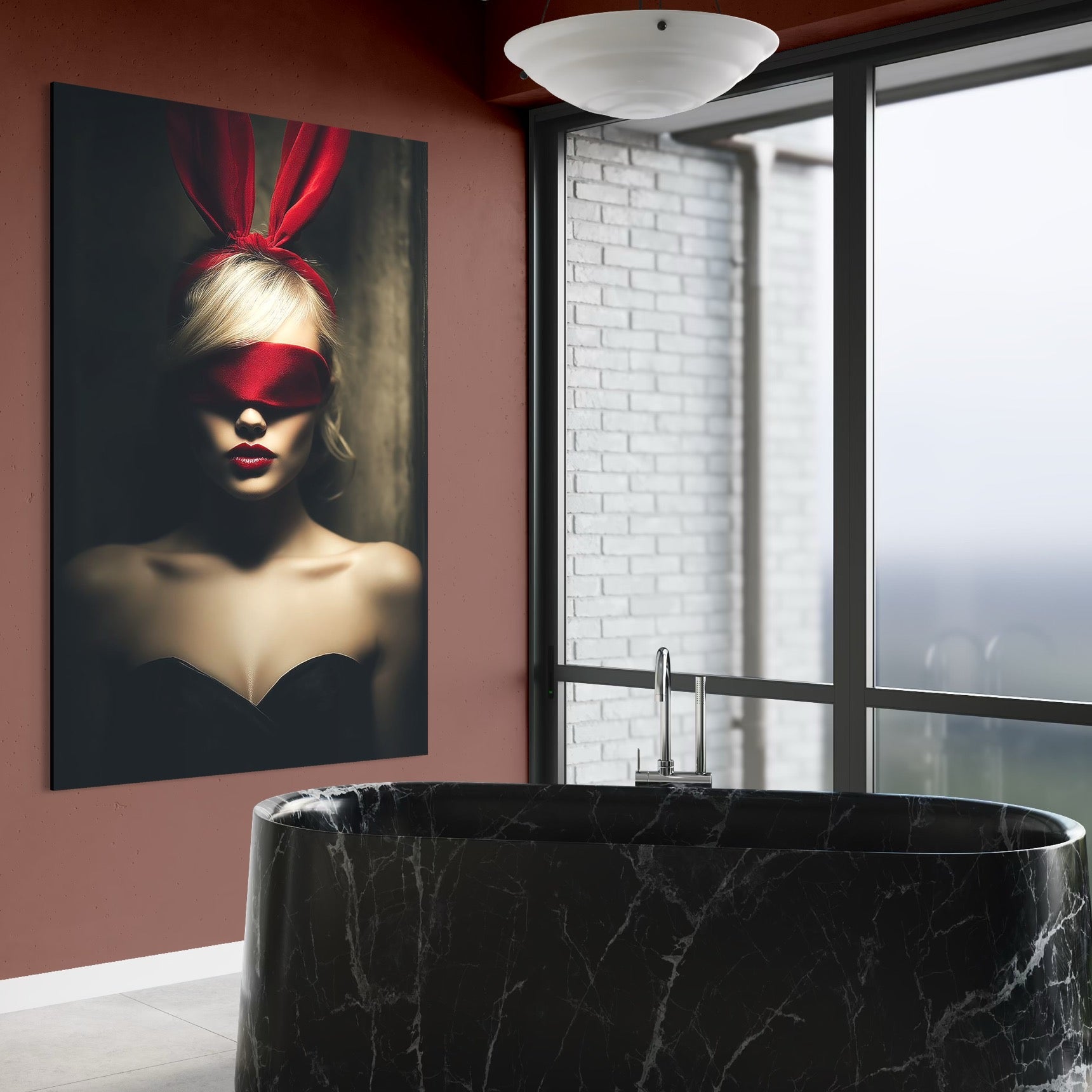 Tablou Canvas Premium, LuxCanva® P1007, Femininul Interzis, Panglica, Rosu, Playboy, Iepuras, Masca, Urechi, Catifea, Obscur, Intuneric, Dorinta, Seductie, Sexy, Living, Dormitor