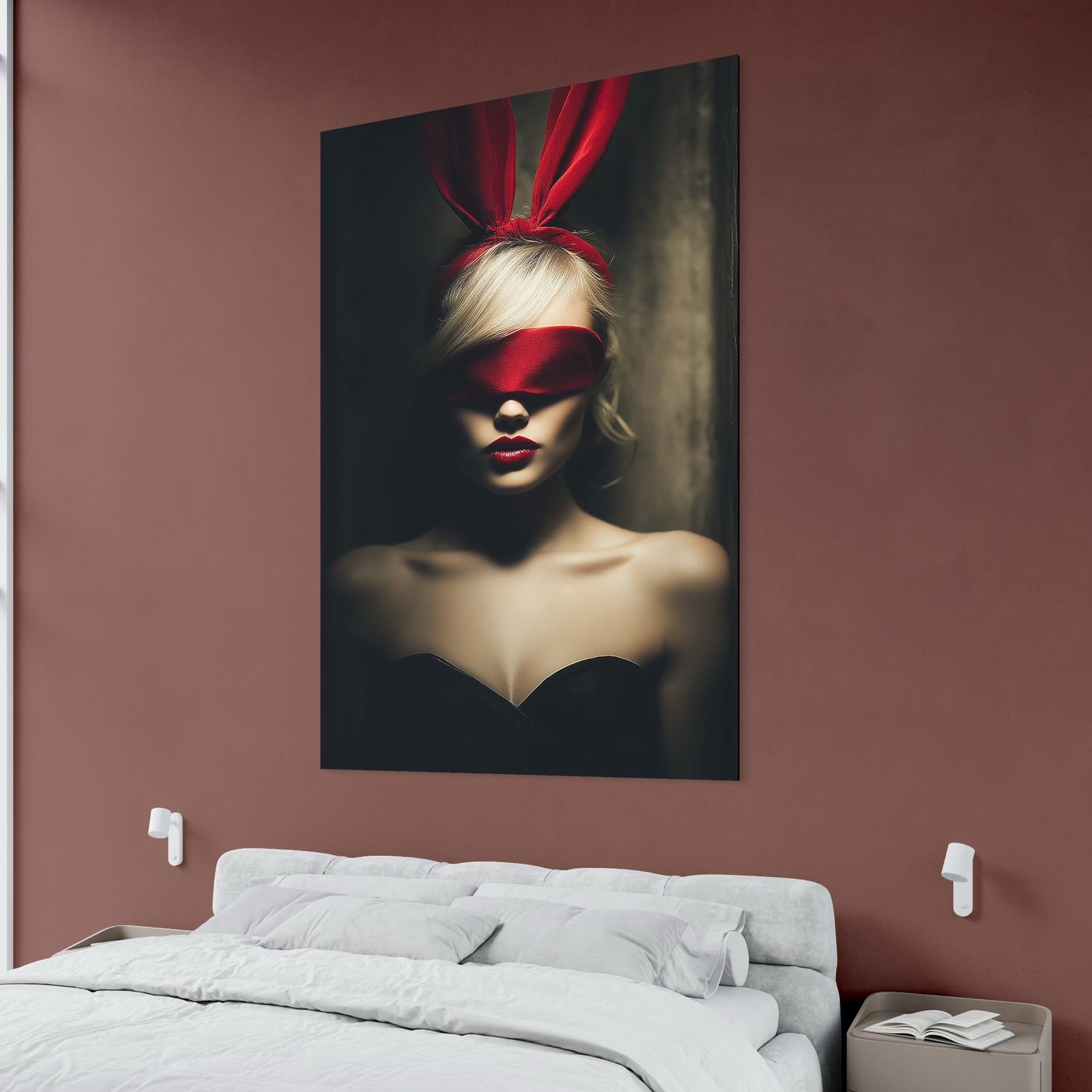 Tablou Canvas Premium, LuxCanva® P1007, Femininul Interzis, Panglica, Rosu, Playboy, Iepuras, Masca, Urechi, Catifea, Obscur, Intuneric, Dorinta, Seductie, Sexy, Living, Dormitor