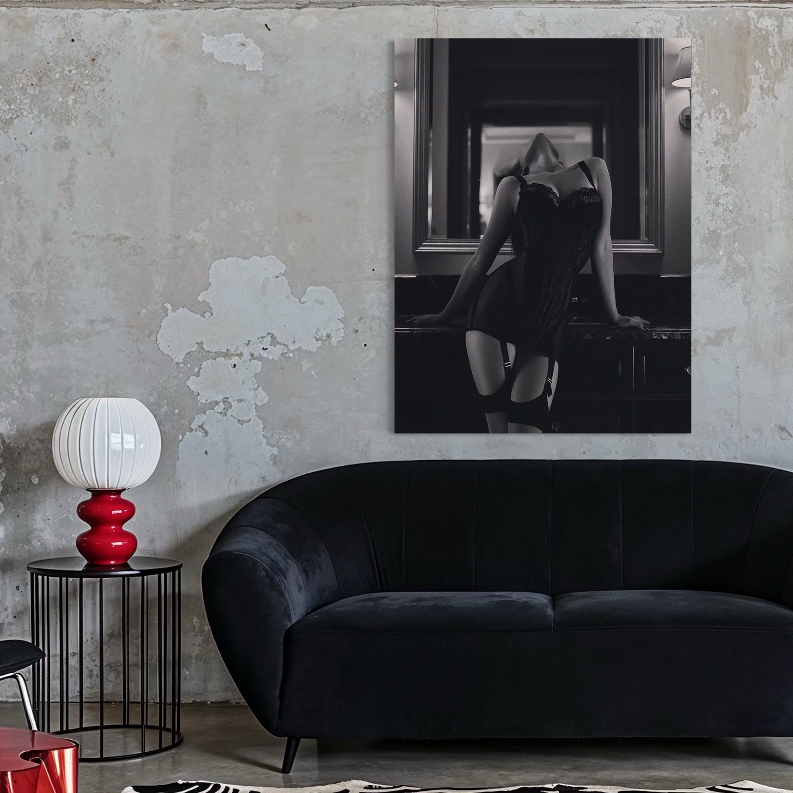 Tablou Canvas Premium, LuxCanva® P1008, Sub Lumina Difuza, Interzis, Sexy, Femeie, Trup, Pasiune, Dorinta, Silueta, Umbre, Negru, Boudoir, Oglinda, Senzual, Living, Dormitor