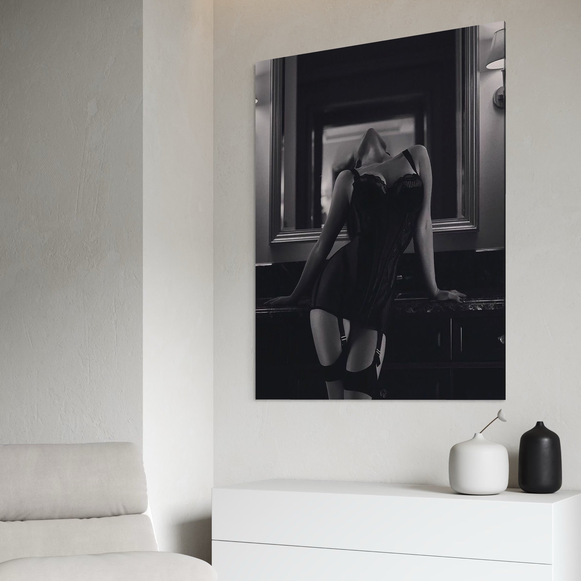 Tablou Canvas Premium, LuxCanva® P1008, Sub Lumina Difuza, Interzis, Sexy, Femeie, Trup, Pasiune, Dorinta, Silueta, Umbre, Negru, Boudoir, Oglinda, Senzual, Living, Dormitor