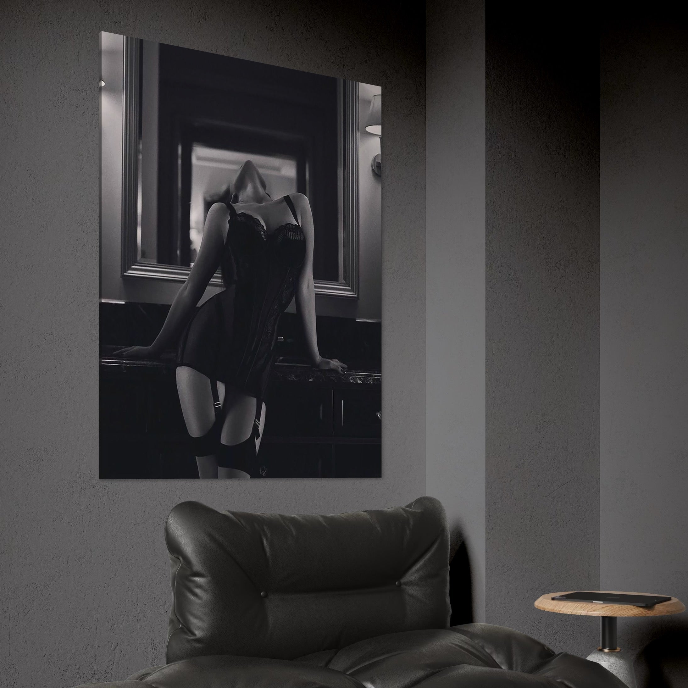 Tablou Canvas Premium, LuxCanva® P1008, Sub Lumina Difuza, Interzis, Sexy, Femeie, Trup, Pasiune, Dorinta, Silueta, Umbre, Negru, Boudoir, Oglinda, Senzual, Living, Dormitor