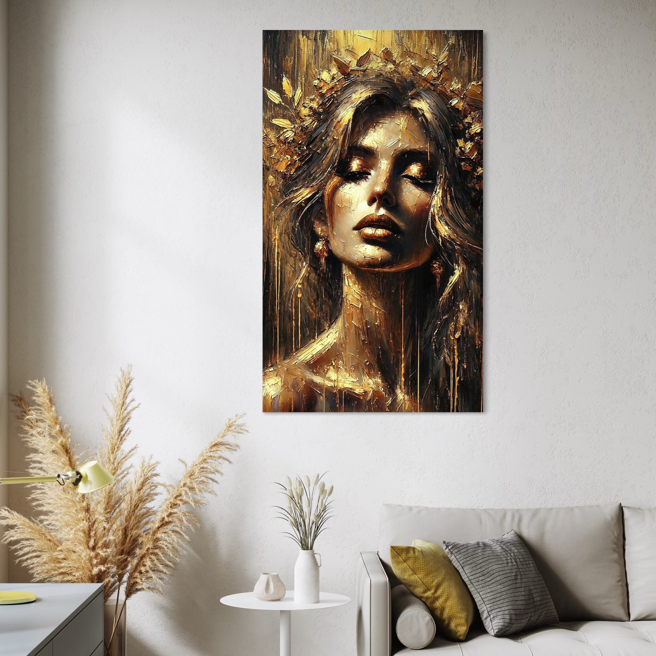 Tablou Canvas Premium, LuxCanva® P1009, Nascuta din Lumina, Zeita, Aur, Coroana, Celesta, Feminitate, Stralucire, Frumusete, Regina, Diva, Soare, Chip, Nemurire, Living, Dormitor