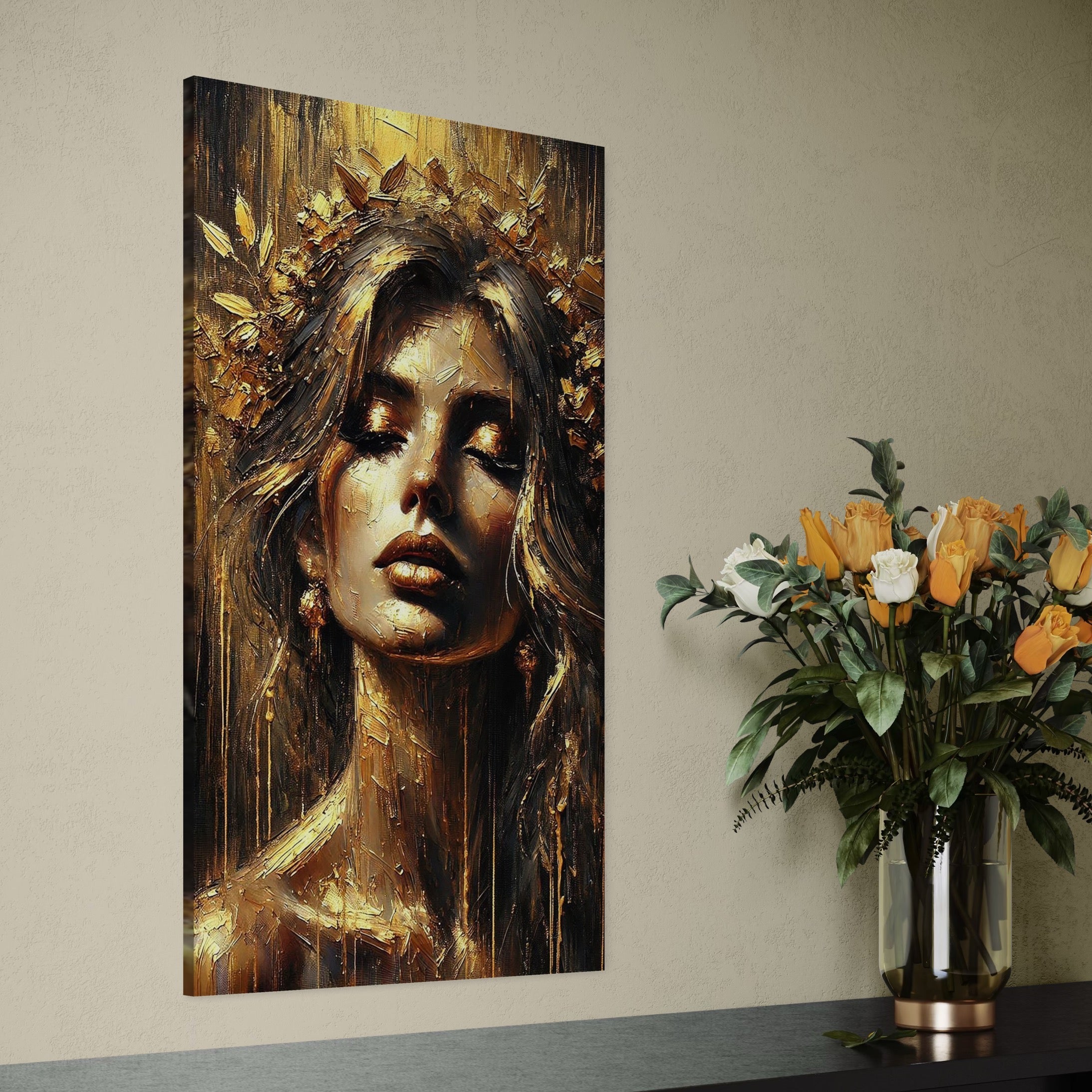 Tablou Canvas Premium, LuxCanva® P1009, Nascuta din Lumina, Zeita, Aur, Coroana, Celesta, Feminitate, Stralucire, Frumusete, Regina, Diva, Soare, Chip, Nemurire, Living, Dormitor