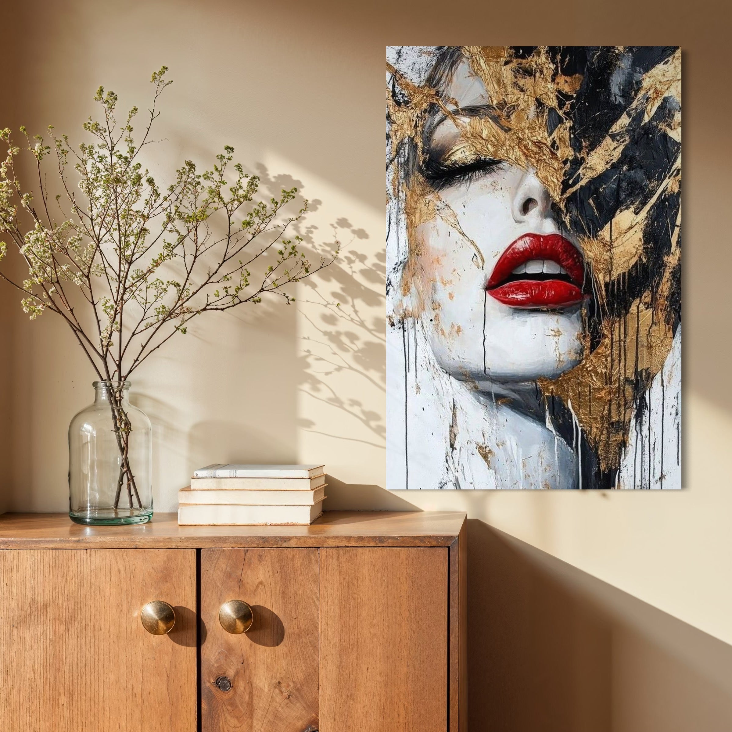 Tablou Canvas Premium, LuxCanva® P1010, Esenta in Rosu si Aur,  Rosu, Auriu, Foita, Chip, Senzual, Frumos, Gratie, Seductie, Reflexii, Textura, Metamorfoza, Ruj, Living, Dormitor