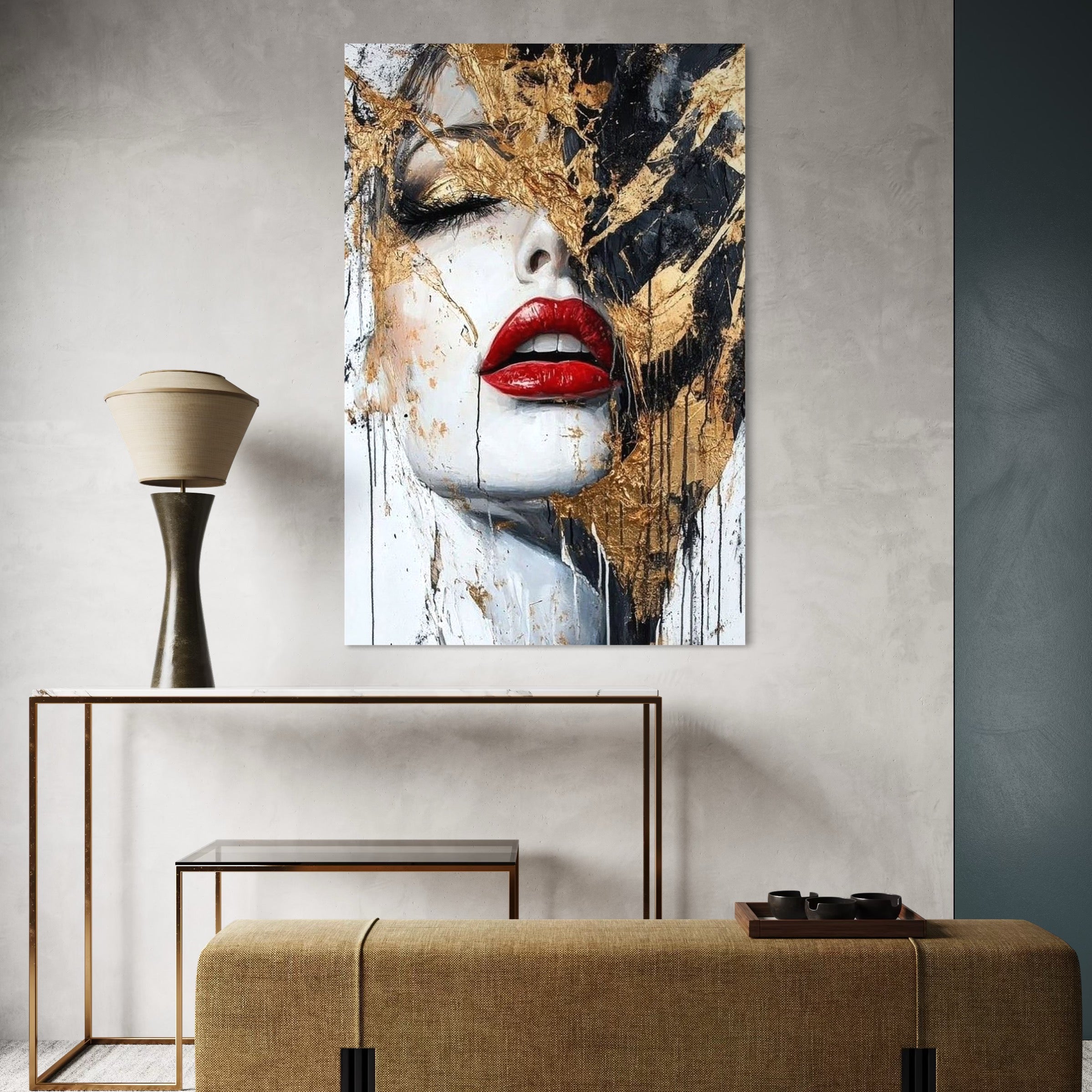 Tablou Canvas Premium, LuxCanva® P1010, Esenta in Rosu si Aur,  Rosu, Auriu, Foita, Chip, Senzual, Frumos, Gratie, Seductie, Reflexii, Textura, Metamorfoza, Ruj, Living, Dormitor