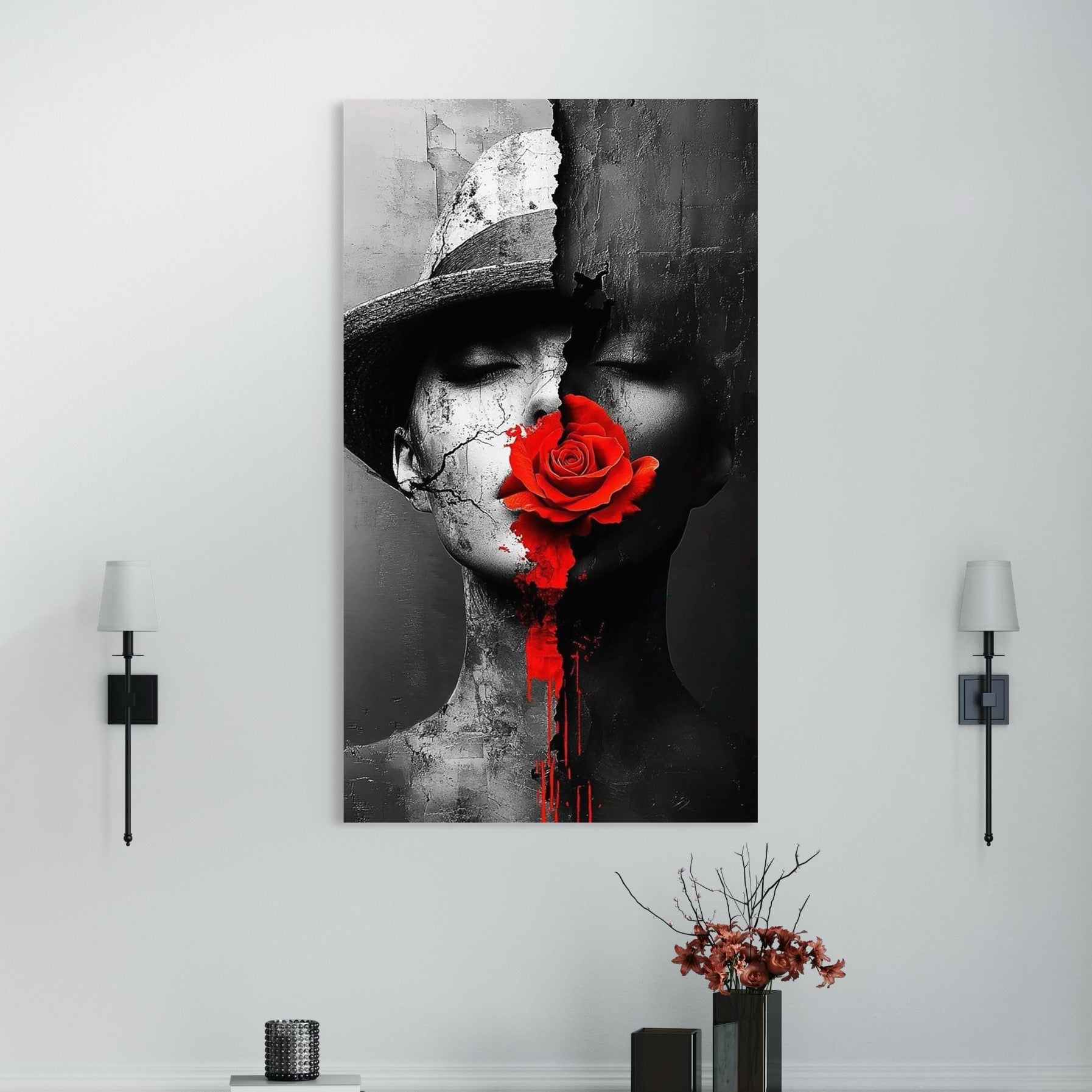 Tablou Canvas Premium, LuxCanva® P1012, Crăpături în Suflet, Rosu, Floare, Palarie, Fractura, Lumina, Intuneric, Chip, Portret, Ruine, Dualitate, Senzualitate, Living, Dormitor
