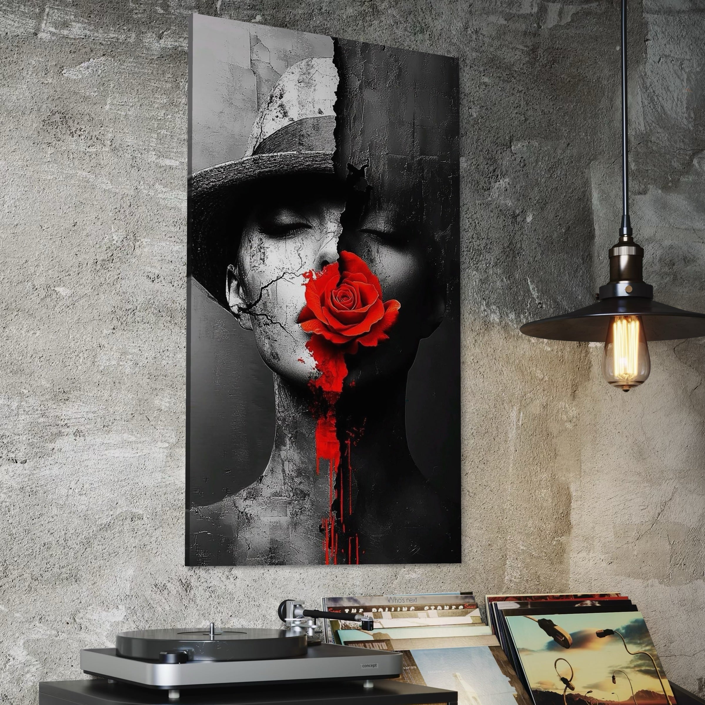 Tablou Canvas Premium, LuxCanva® P1012, Crăpături în Suflet, Rosu, Floare, Palarie, Fractura, Lumina, Intuneric, Chip, Portret, Ruine, Dualitate, Senzualitate, Living, Dormitor