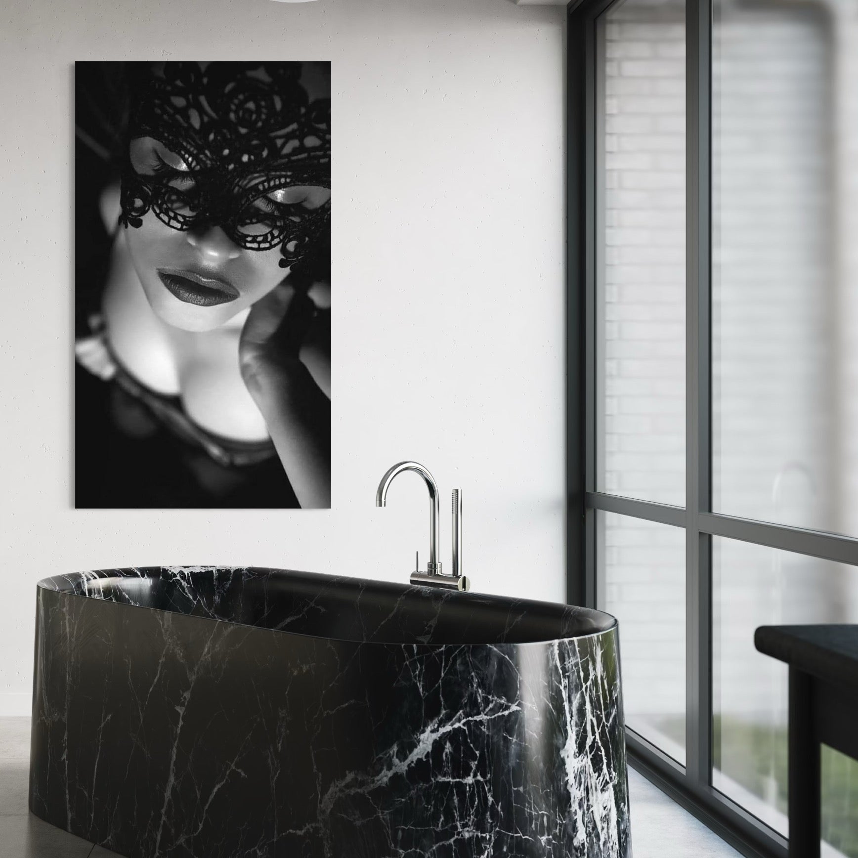 Tablou Canvas Premium, LuxCanva® P1037, Masca Pasională, Masca, Dantela, Negru, Monocrom, Senzualitate, Pasiune, Frumusete, Seducator, Mister, Dramatism, Living, Dormitor