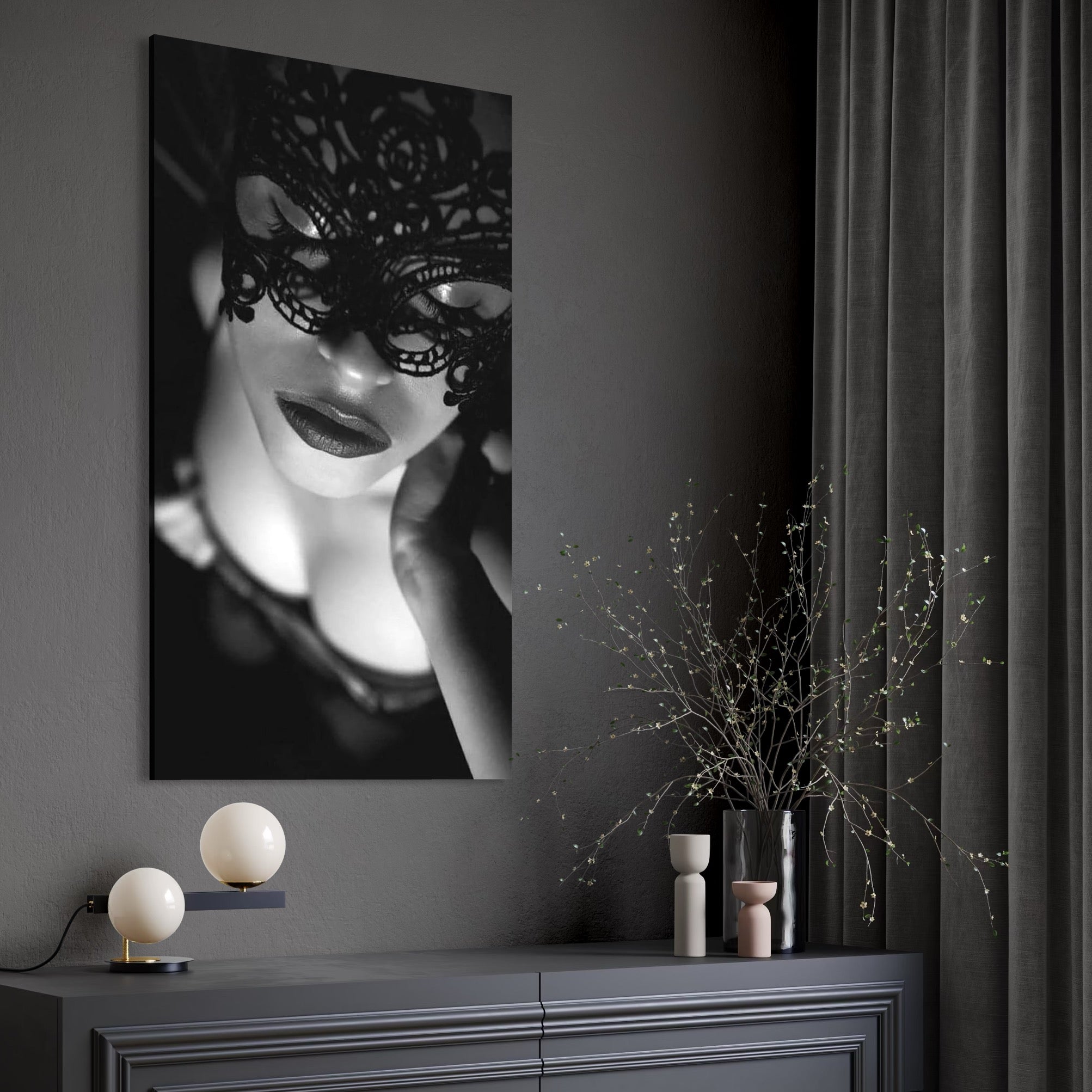 Tablou Canvas Premium, LuxCanva® P1037, Masca Pasională, Masca, Dantela, Negru, Monocrom, Senzualitate, Pasiune, Frumusete, Seducator, Mister, Dramatism, Living, Dormitor