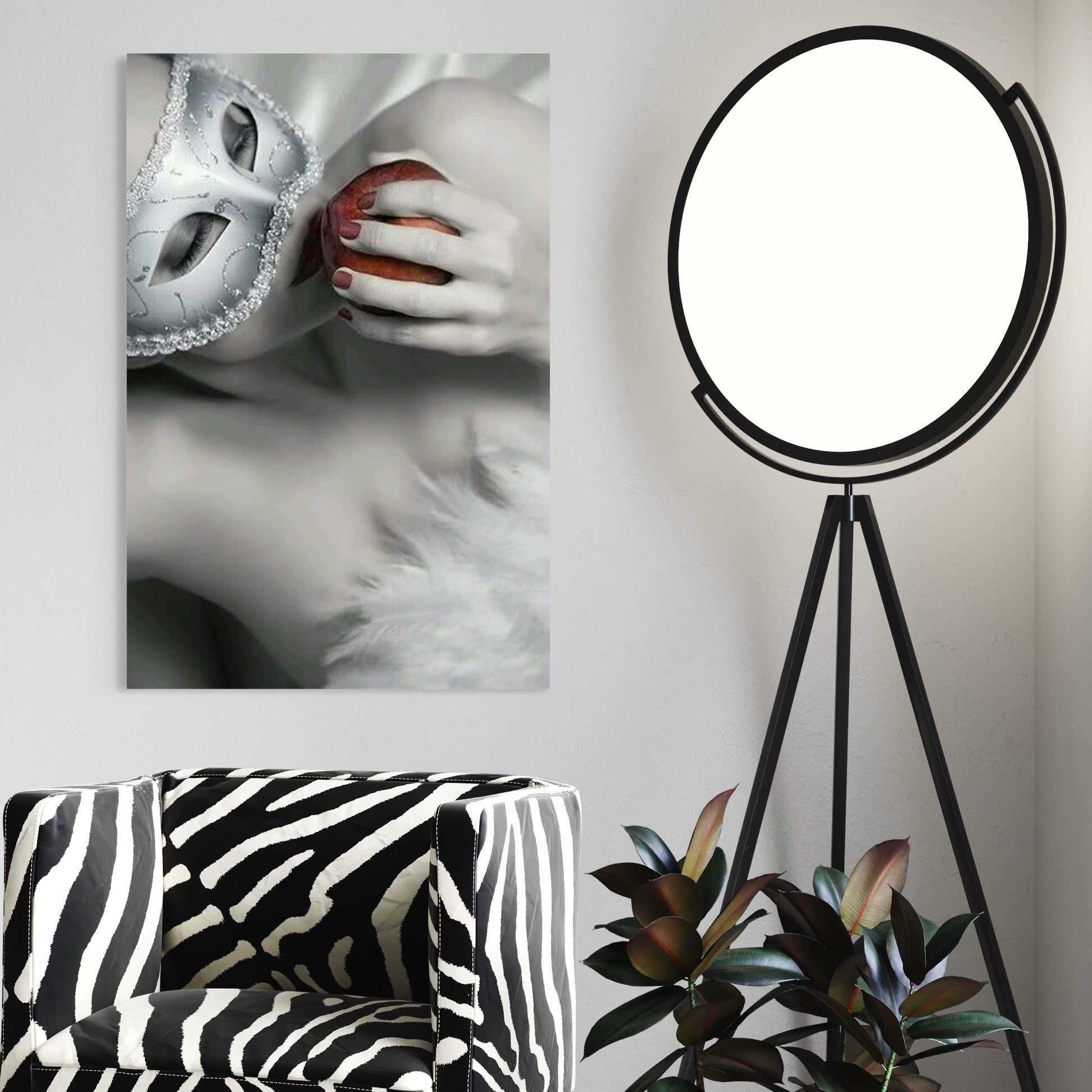 Tablou Canvas Premium, LuxCanva® P1038, Între Puritate și Păcat, Masca, Dantela, Alb, Mar, Rosu, Pacat, Inocenta, Dorinta, Privire, Fior, Tentatie, Fruct, Interzis, Living, Dormitor