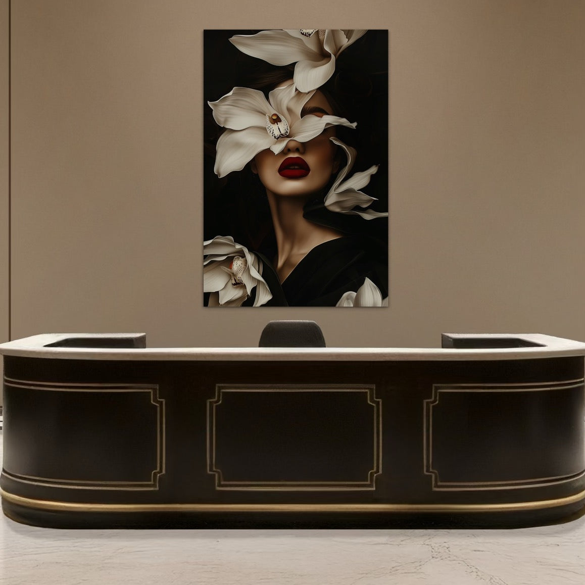 Tablou Canvas Premium, LuxCanva® P1039, Femeia-Orhidee, Inflorire, Petale, Ivoir, Negru, Buze, Rosu, Frumusete, Fashion, Eleganta, Exotism, Luxurios, Enigmatic, Vis, Living, Dormitor