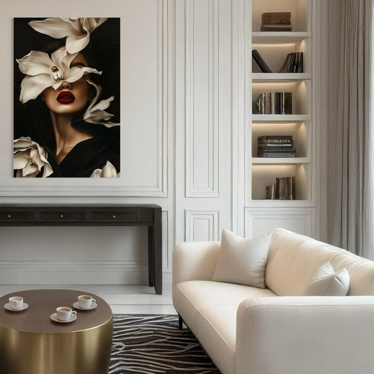 Tablou Canvas Premium, LuxCanva® P1039, Femeia-Orhidee, Inflorire, Petale, Ivoir, Negru, Buze, Rosu, Frumusete, Fashion, Eleganta, Exotism, Luxurios, Enigmatic, Vis, Living, Dormitor