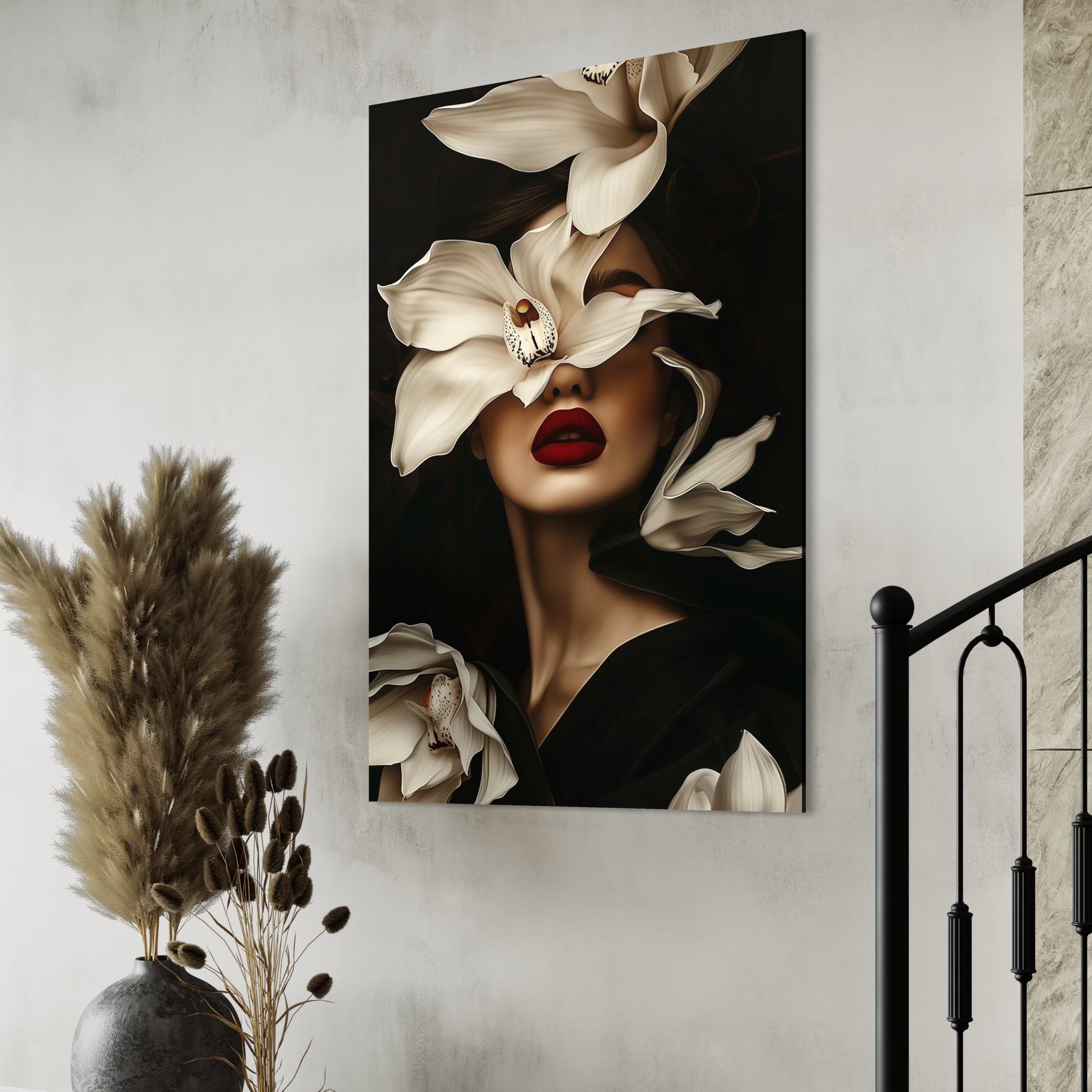 Tablou Canvas Premium, LuxCanva® P1039, Femeia-Orhidee, Inflorire, Petale, Ivoir, Negru, Buze, Rosu, Frumusete, Fashion, Eleganta, Exotism, Luxurios, Enigmatic, Vis, Living, Dormitor