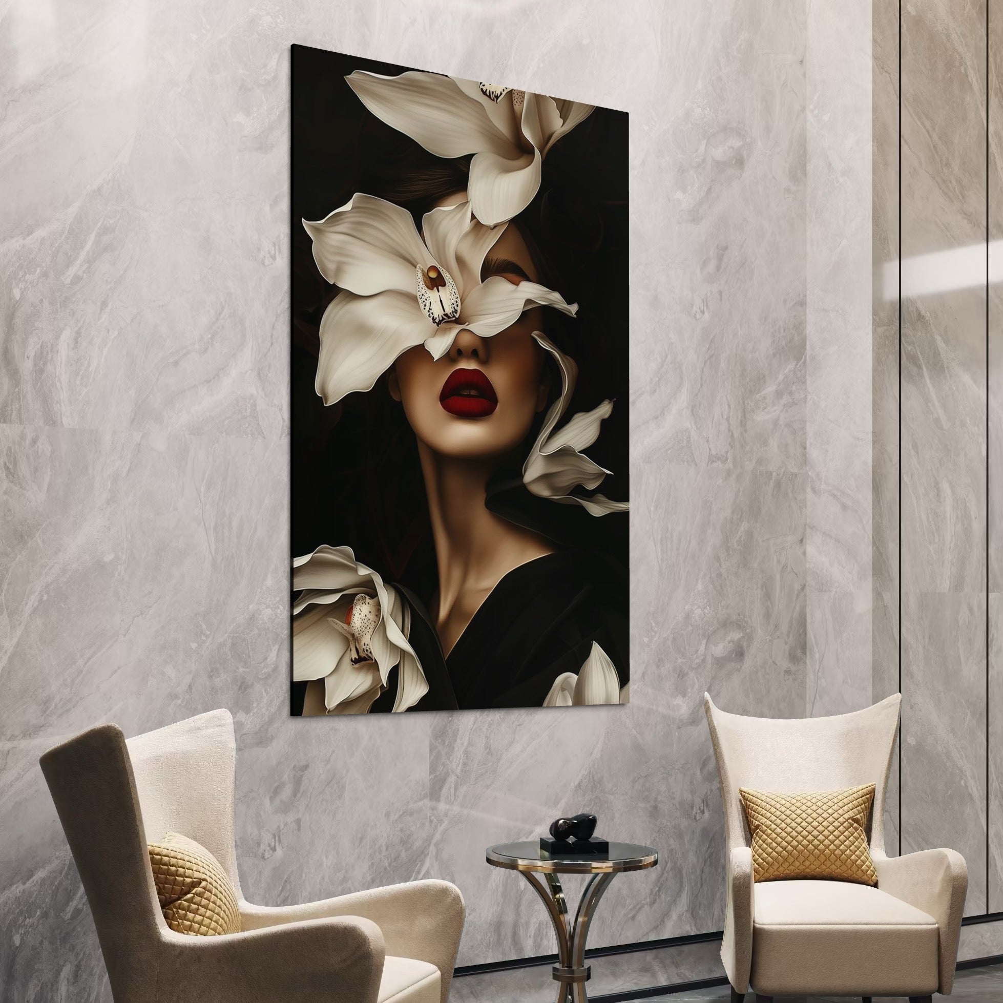 Tablou Canvas Premium, LuxCanva® P1039, Femeia-Orhidee, Inflorire, Petale, Ivoir, Negru, Buze, Rosu, Frumusete, Fashion, Eleganta, Exotism, Luxurios, Enigmatic, Vis, Living, Dormitor
