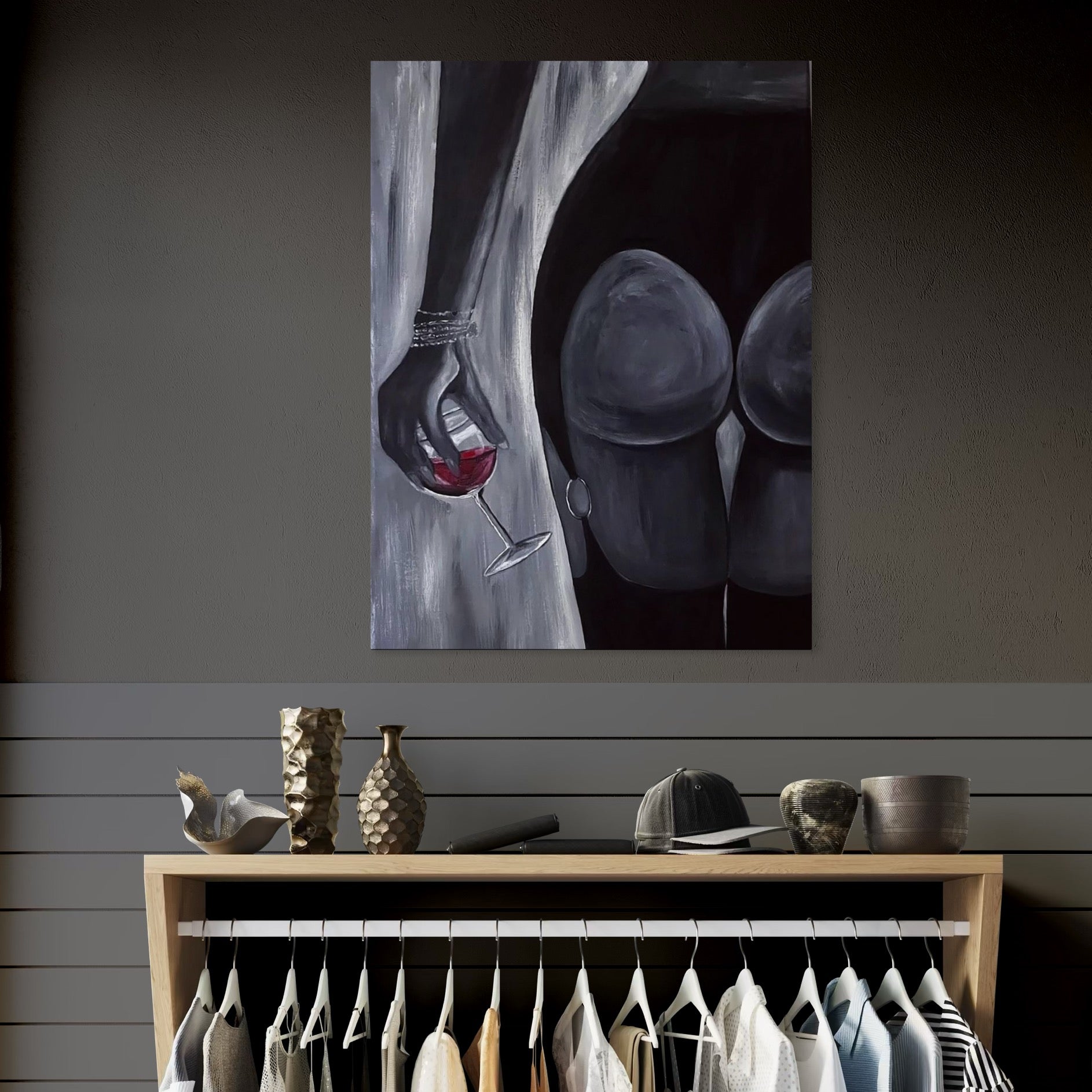 Tablou Canvas Premium, LuxCanva® P1040, Liniște cu Aroma de Vin, Pahar, Bautura, Vin, Rosu, Noapte, Umbra, Negru, Gri, Spate, Piele, Femeie, Dorinta, Pasiune, Sexy, Living, Dormitor