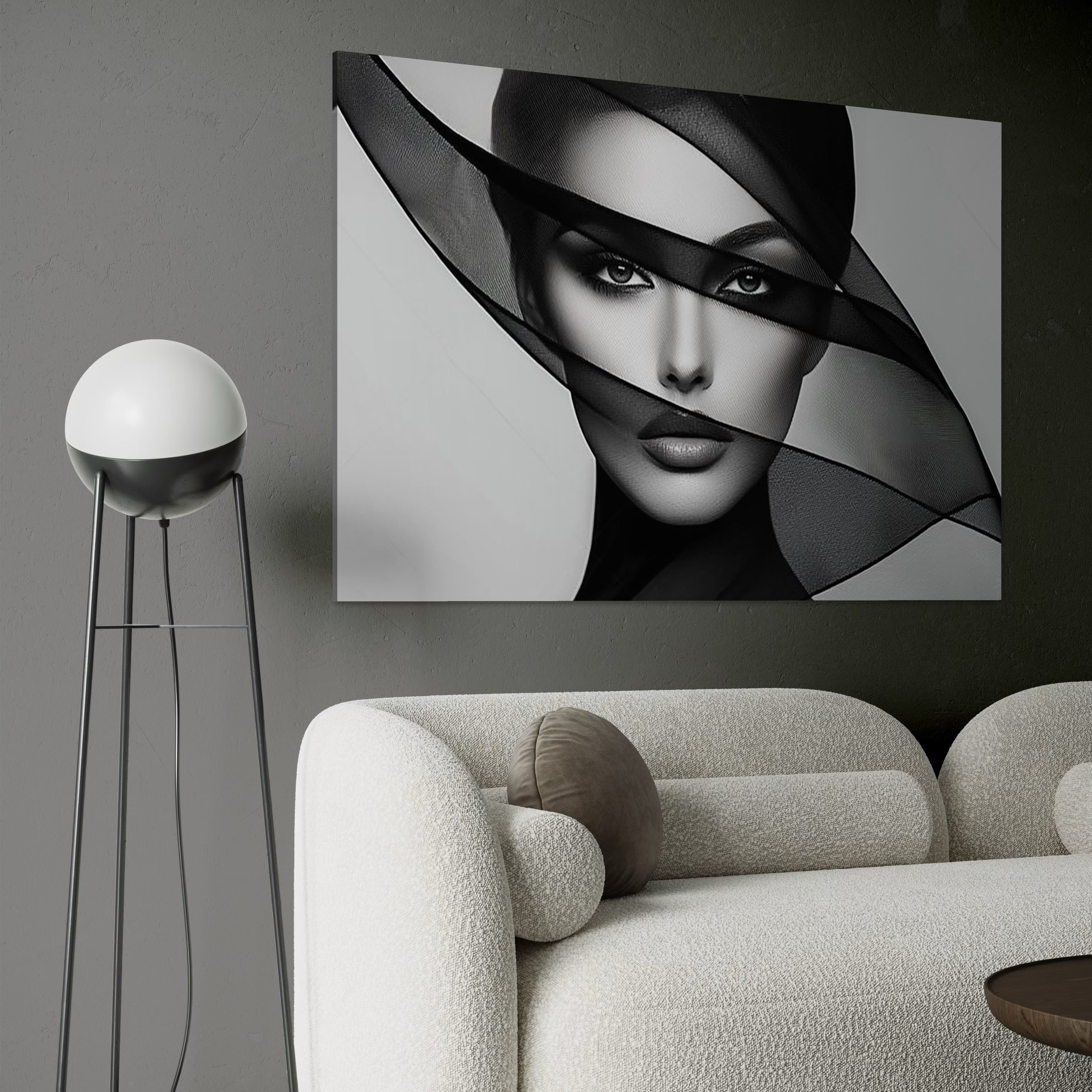 Tablou Canvas Premium, LuxCanva® P1042, Voalul Care Dezvaluie, Voal, Negru, Privire, Ascuns, Feminitate, Minimalism, Tacere, Gratie, Intunecat, Dorinta, Frumusete, Living, Dormitor