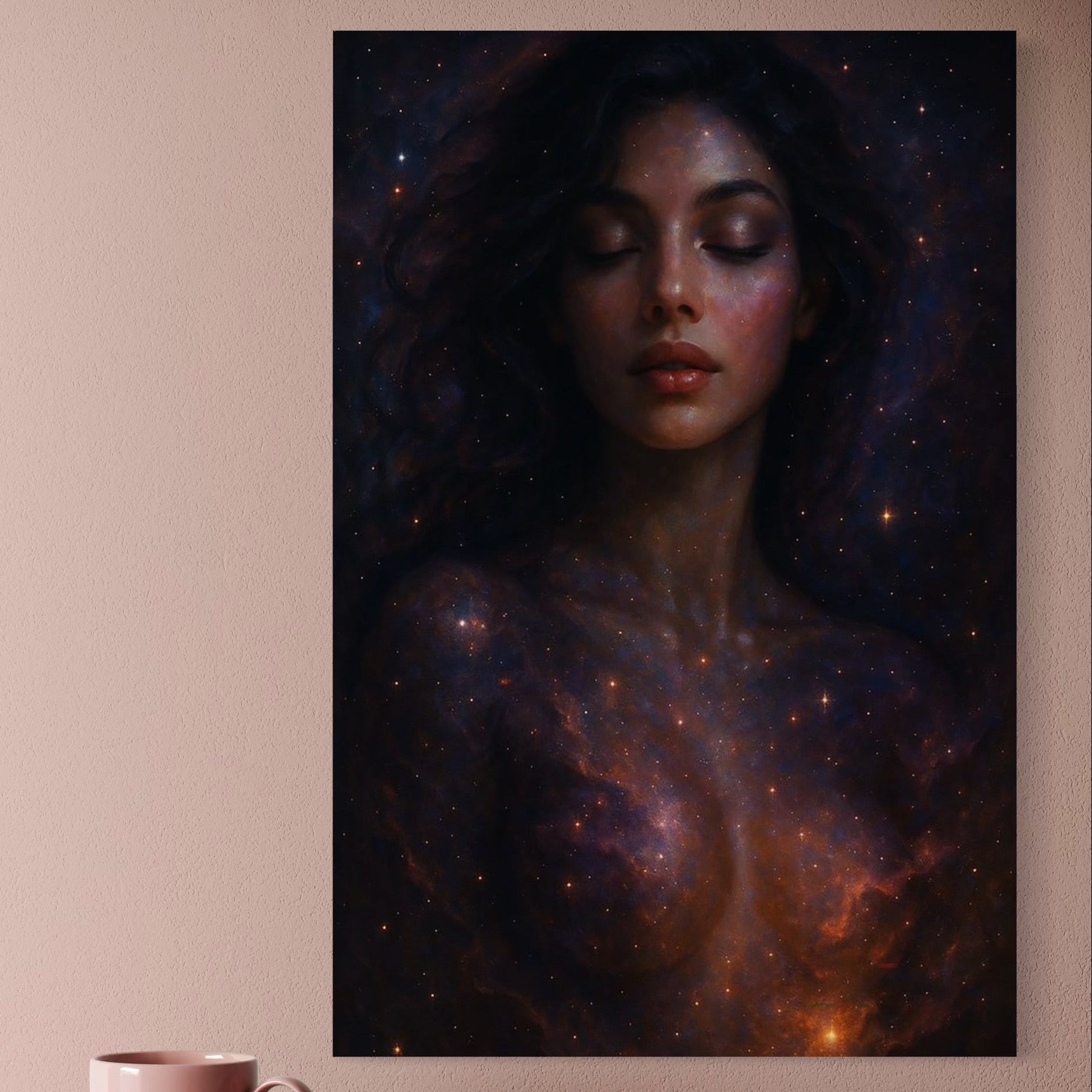 Tablou Canvas Premium, LuxCanva® P1043, În Brațele Universului,  Galaxie, Univers, Stele, Stralucire, Cosmic, Liniste, Nastere, Serenitate, Meditatie, Femeie, Eteric, Living, Dormitor