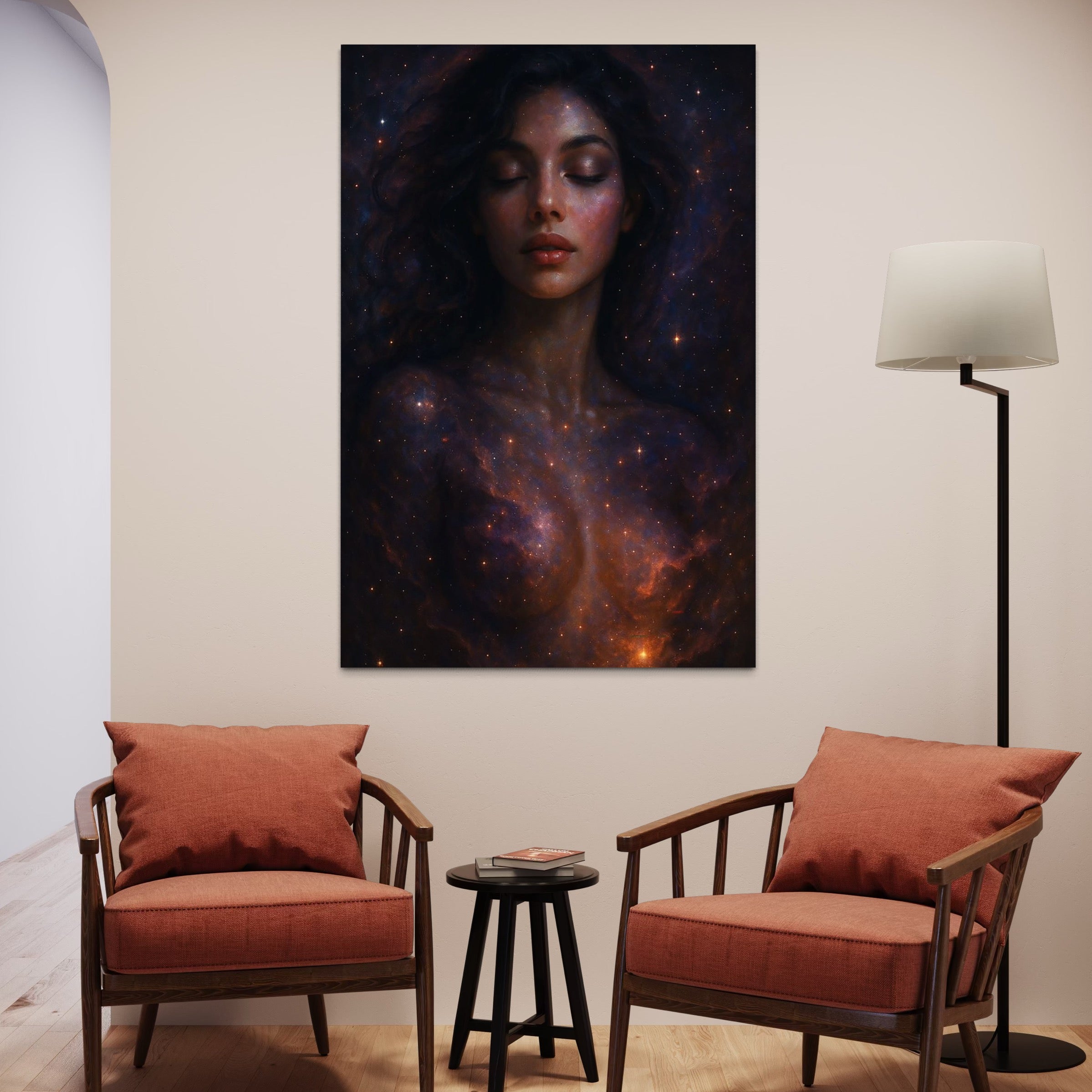 Tablou Canvas Premium, LuxCanva® P1043, În Brațele Universului,  Galaxie, Univers, Stele, Stralucire, Cosmic, Liniste, Nastere, Serenitate, Meditatie, Femeie, Eteric, Living, Dormitor