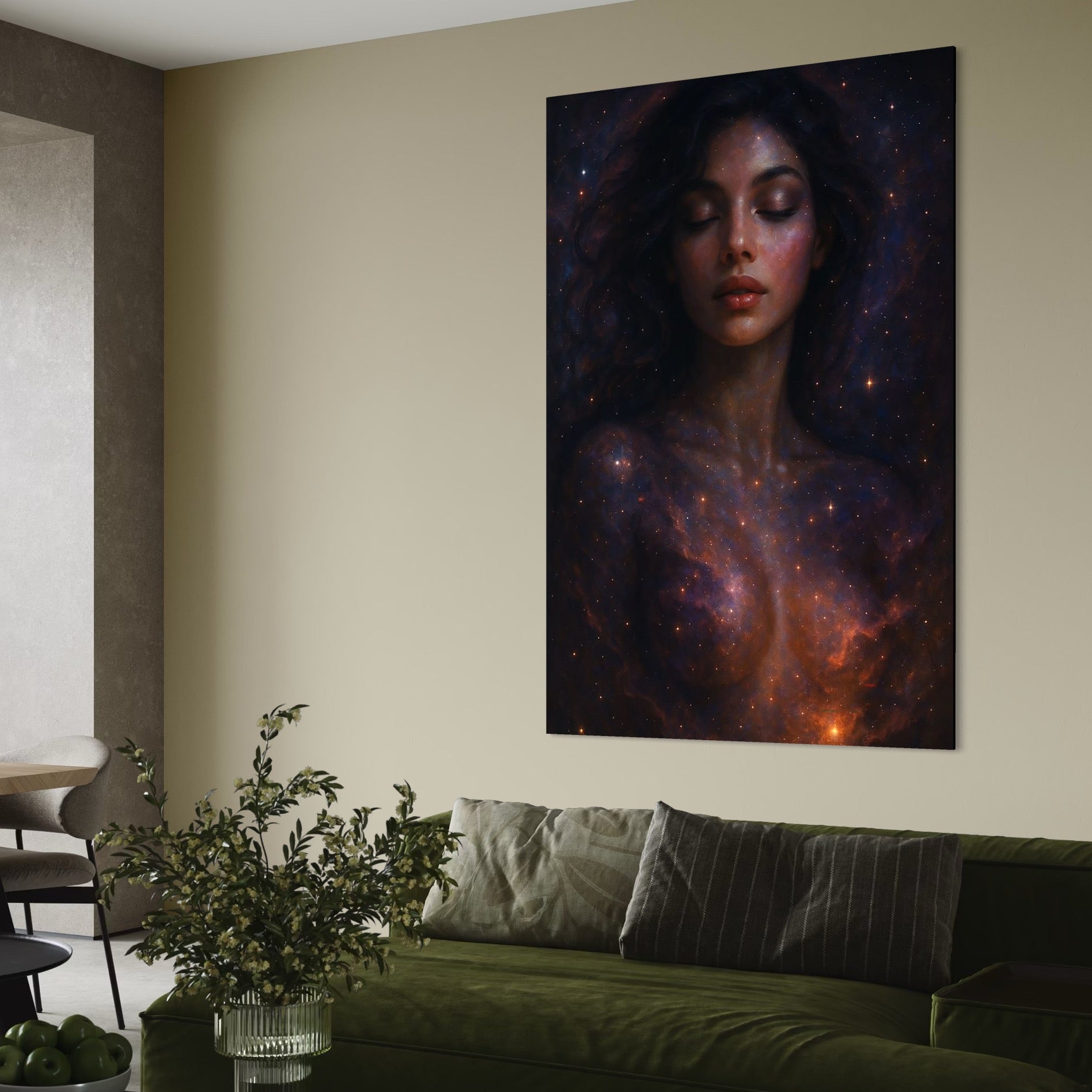 Tablou Canvas Premium, LuxCanva® P1043, În Brațele Universului,  Galaxie, Univers, Stele, Stralucire, Cosmic, Liniste, Nastere, Serenitate, Meditatie, Femeie, Eteric, Living, Dormitor