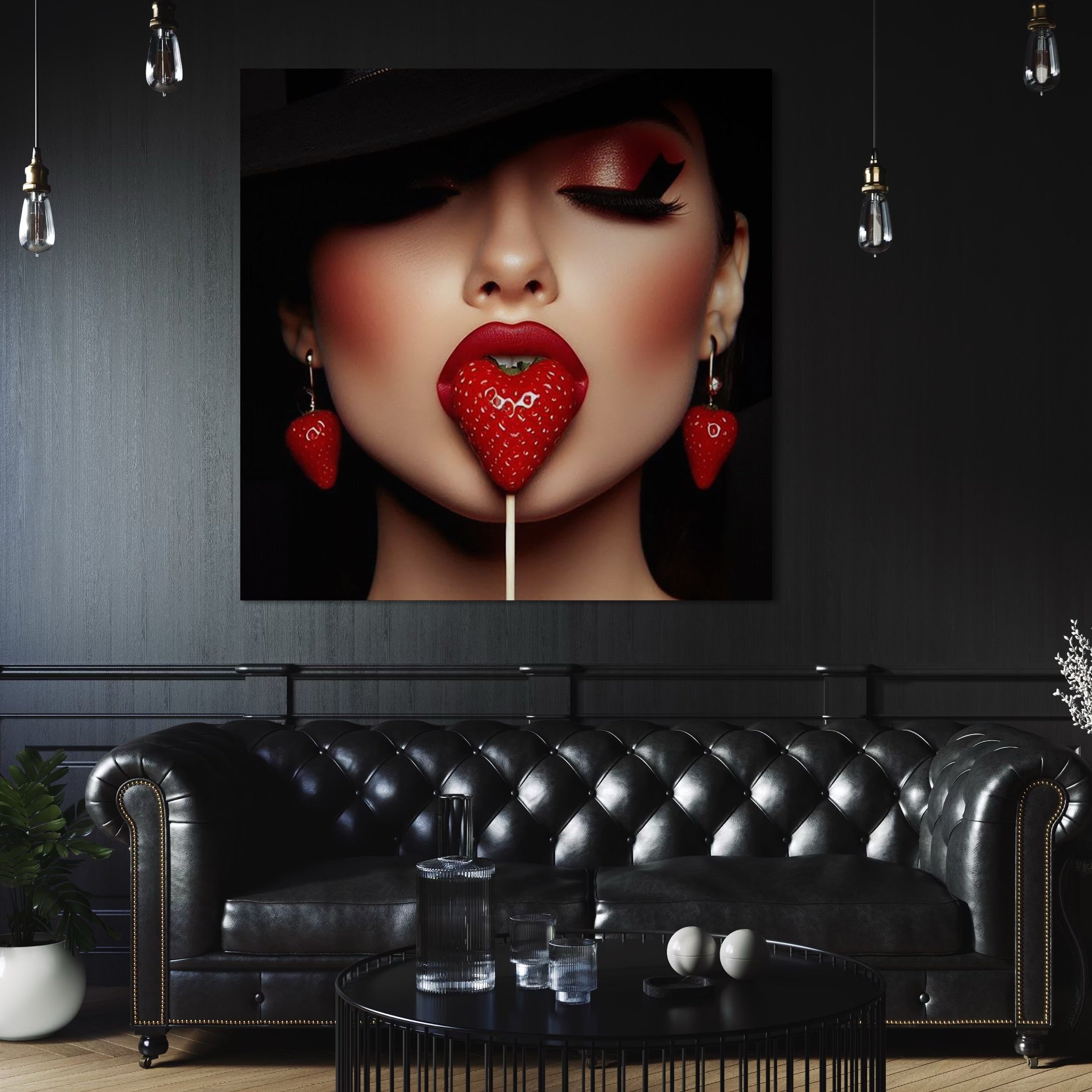 Tablou Canvas Premium, LuxCanva® P1044, Sarutul Capsunii, Sarut, Tentatie, Rosie, Buze, Fruct, Capsuna, Aroma, Gust, Seductie, Glam, Provocator, Senzualitate, Living, Dormitor