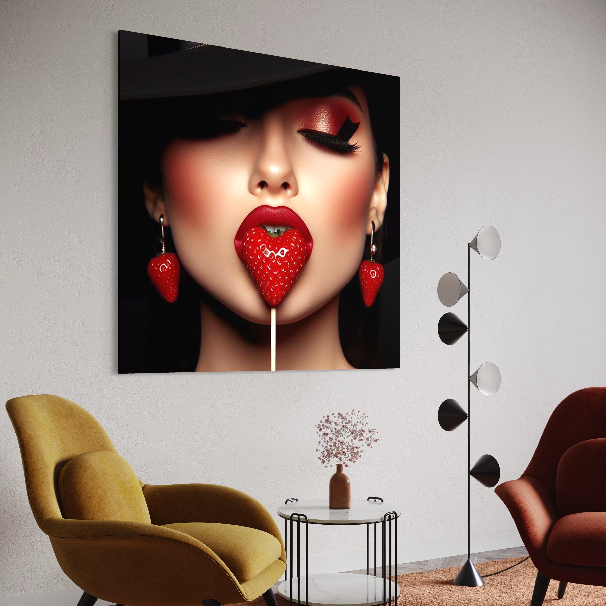 Tablou Canvas Premium, LuxCanva® P1044, Sarutul Capsunii, Sarut, Tentatie, Rosie, Buze, Fruct, Capsuna, Aroma, Gust, Seductie, Glam, Provocator, Senzualitate, Living, Dormitor