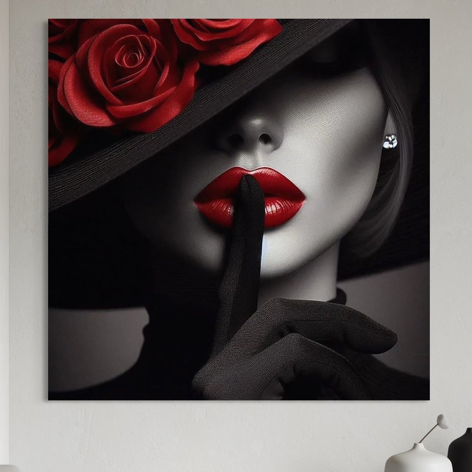 Tablou Canvas Premium, LuxCanva® P1045, Doamna cu Trandafiri, Sarut, Tacere, Palarie, Liniste, Ascultare, Diva, Senzualitate, Eclipsa, Rosu, Negru, Glamour, Living, Dormitor