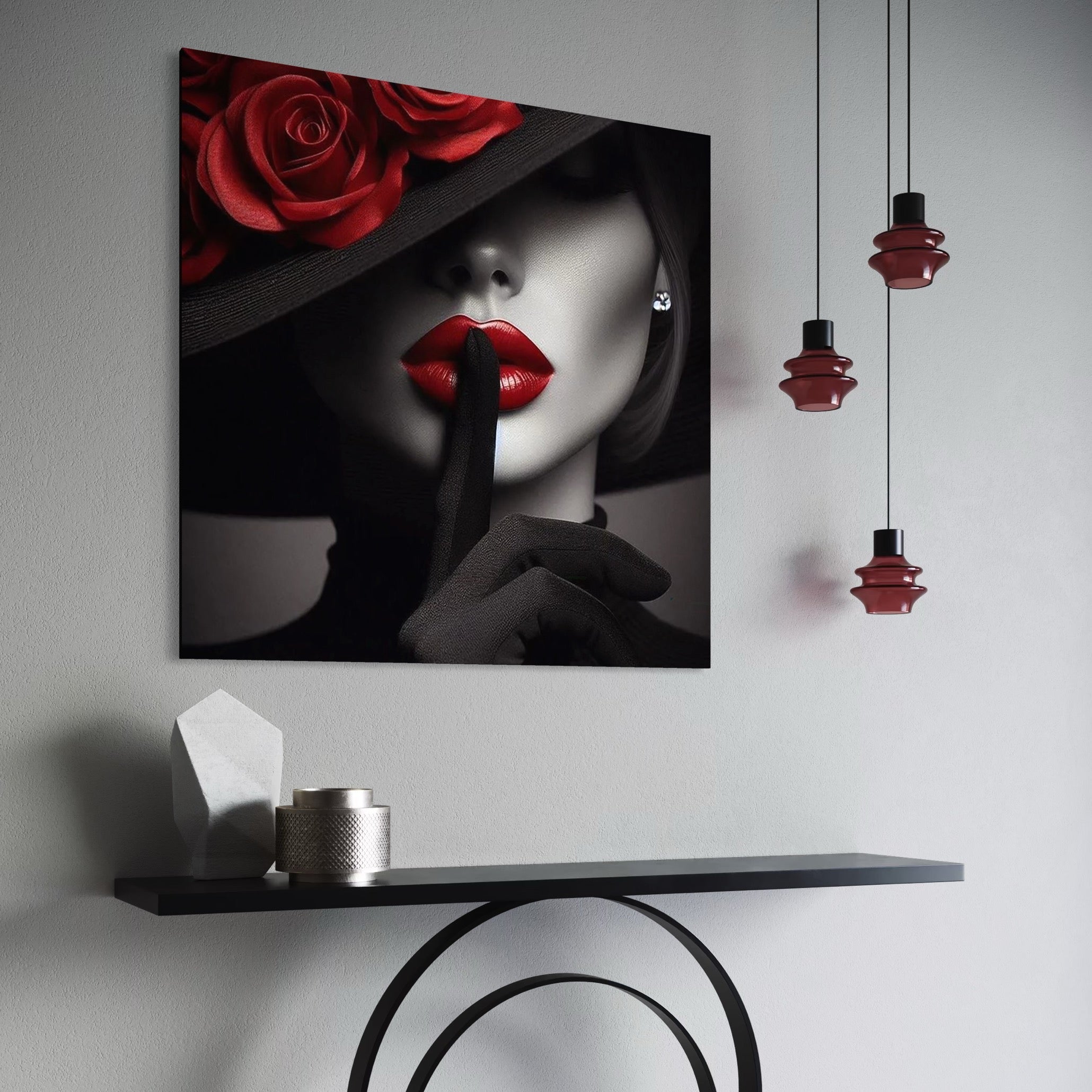 Tablou Canvas Premium, LuxCanva® P1045, Doamna cu Trandafiri, Sarut, Tacere, Palarie, Liniste, Ascultare, Diva, Senzualitate, Eclipsa, Rosu, Negru, Glamour, Living, Dormitor