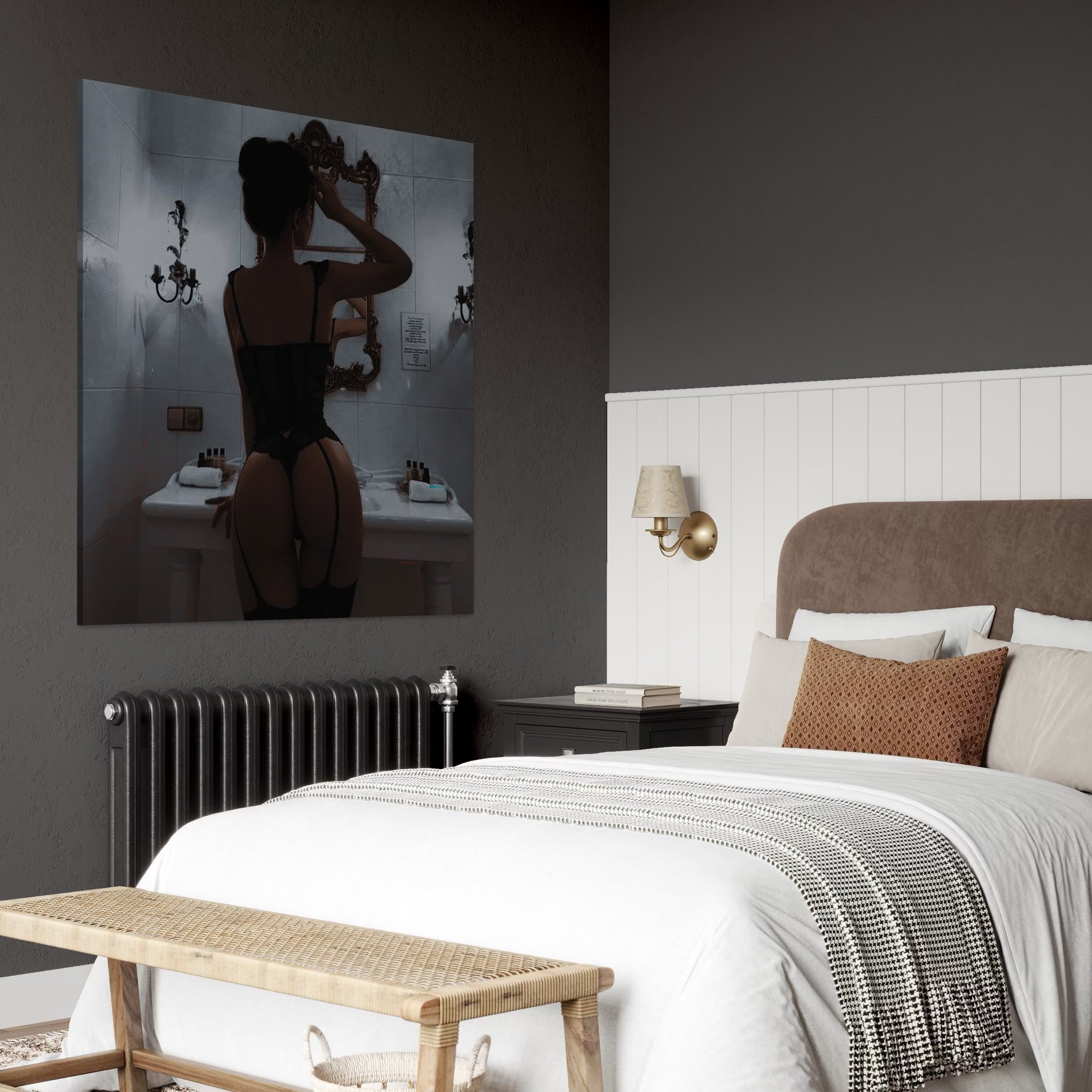 Tablou Canvas Premium, LuxCanva® P1053, Moment de Intimitate,  Silueta, Oglinda, Atmosfera, Intim, Eleganta, Umbre, Lenjerie, Boudoir, Reflectie, Estetica, Vintage, Living, Dormitor