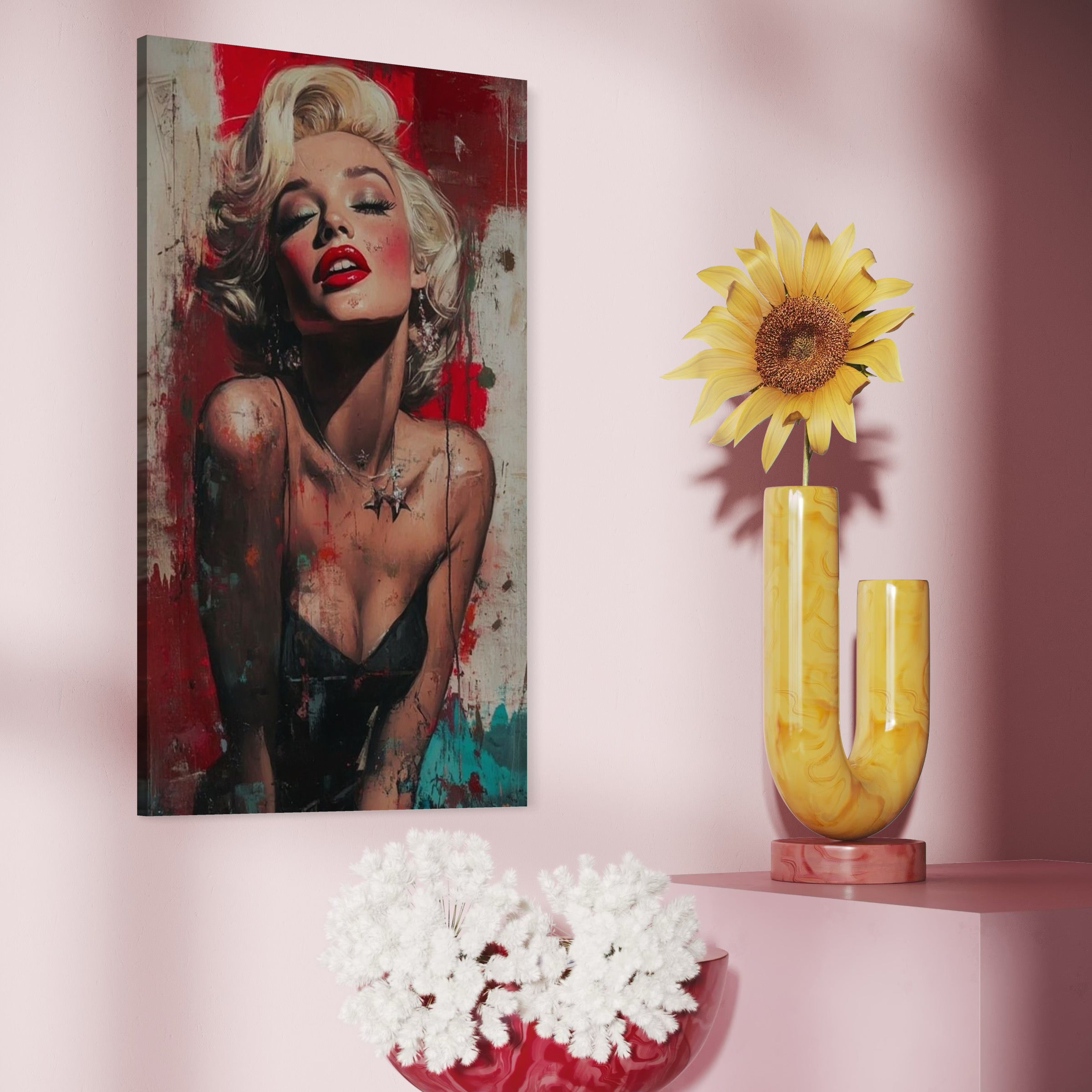 Tablou Canvas Premium, LuxCanva® P1055, Glamour in Stropi de Culoare, Pop-Art, Glamour, Portret, Rosu, Intens, Retro, Style, Emotie, Iconic, Vintage, Sexy, Blonda, Living, Dormitor